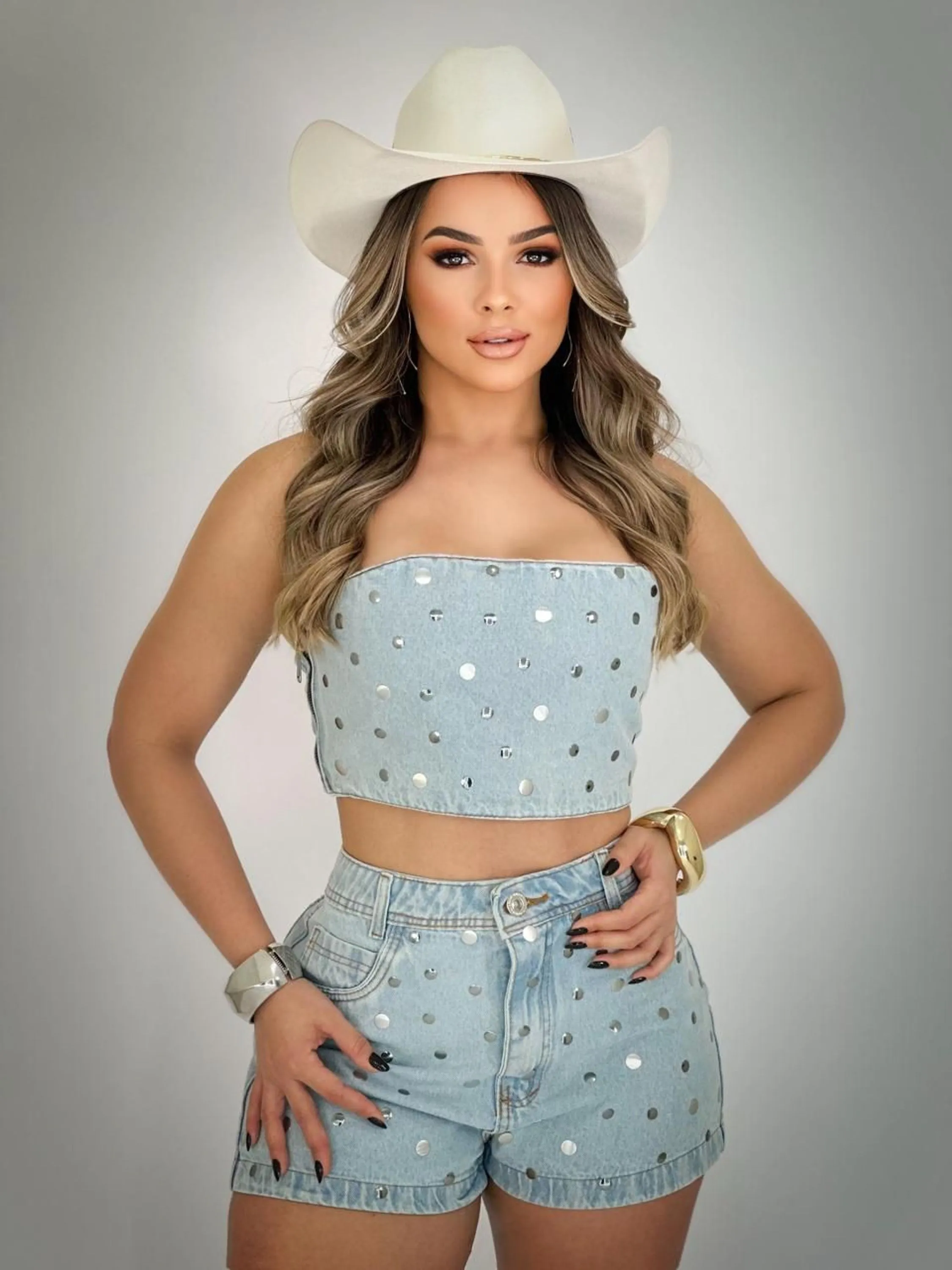 Conjunto jeans com pedra feminina
