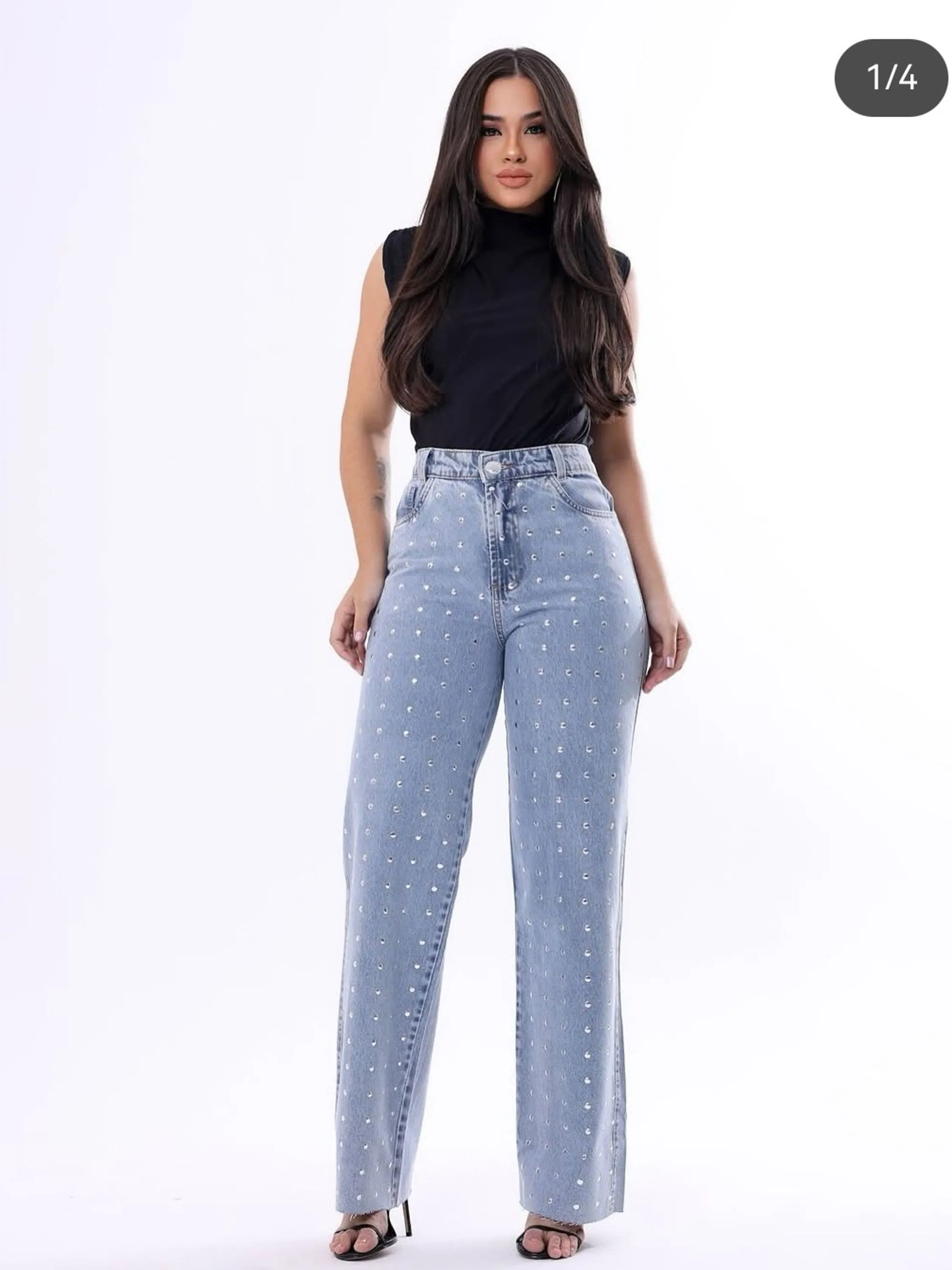 Calça jeans wide leg com pedra feminina