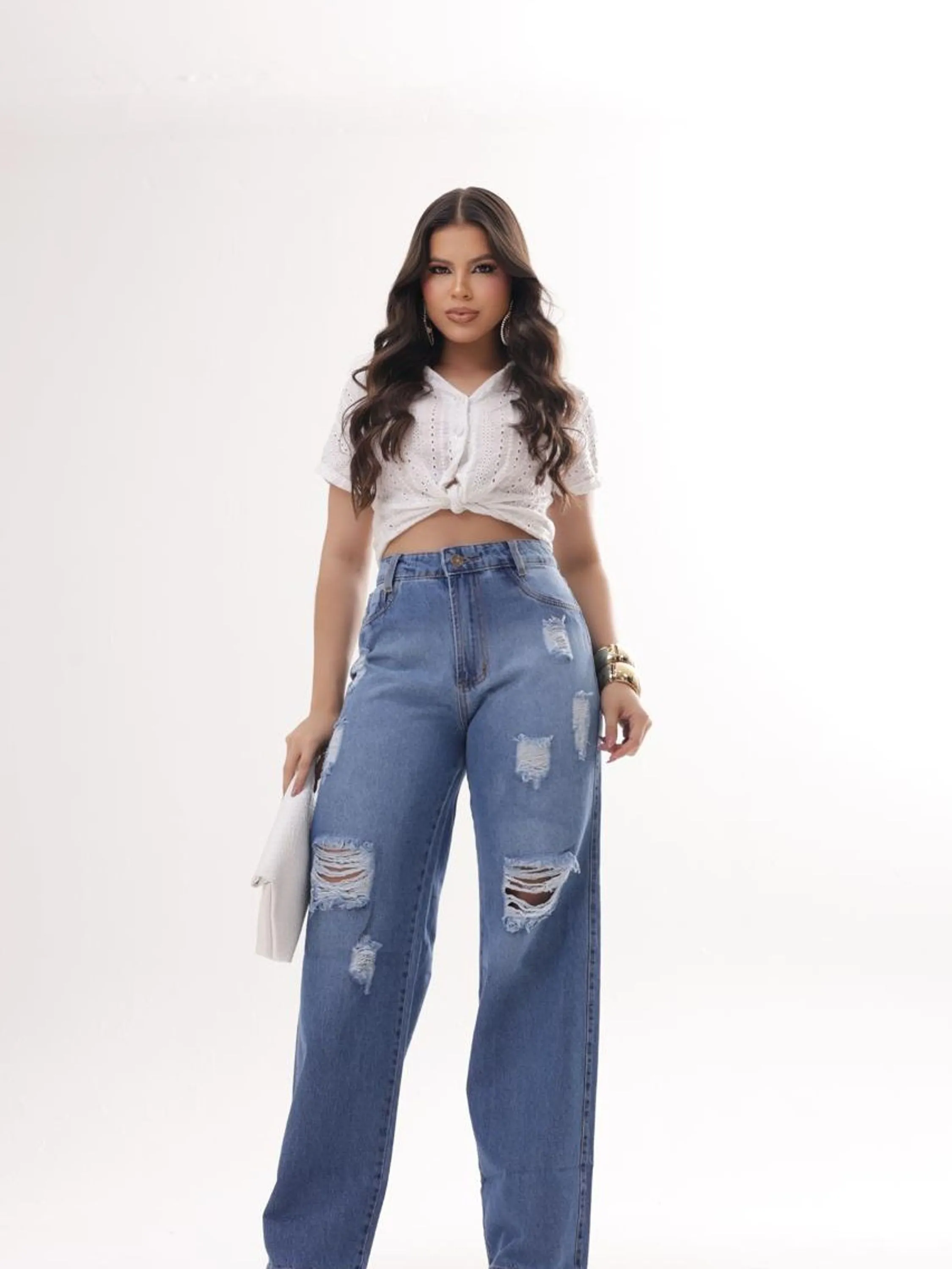 Calça jeans wide leg feminina