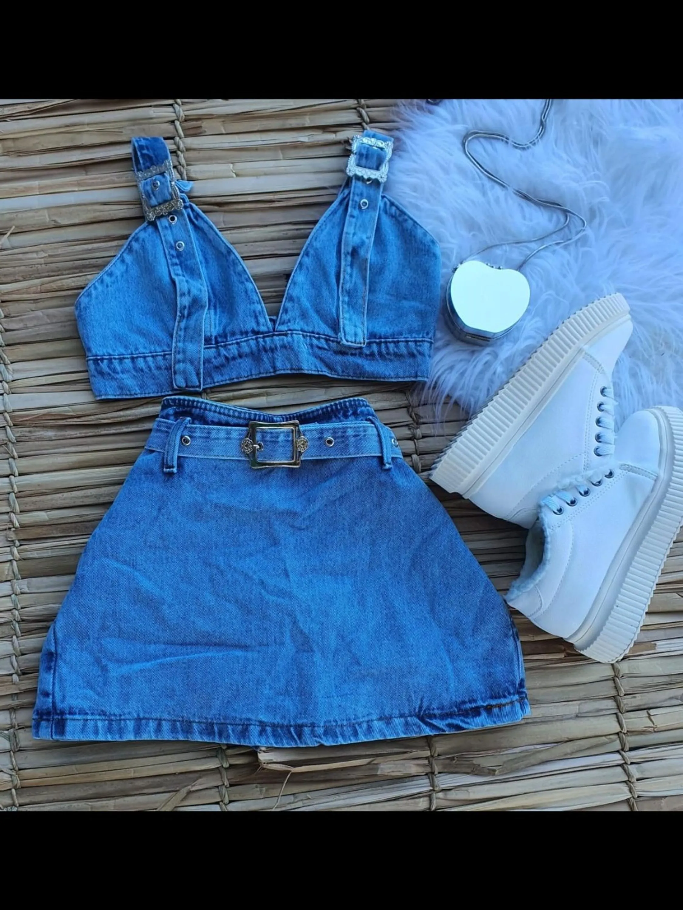 Conjunto jeans shorts saia feminina