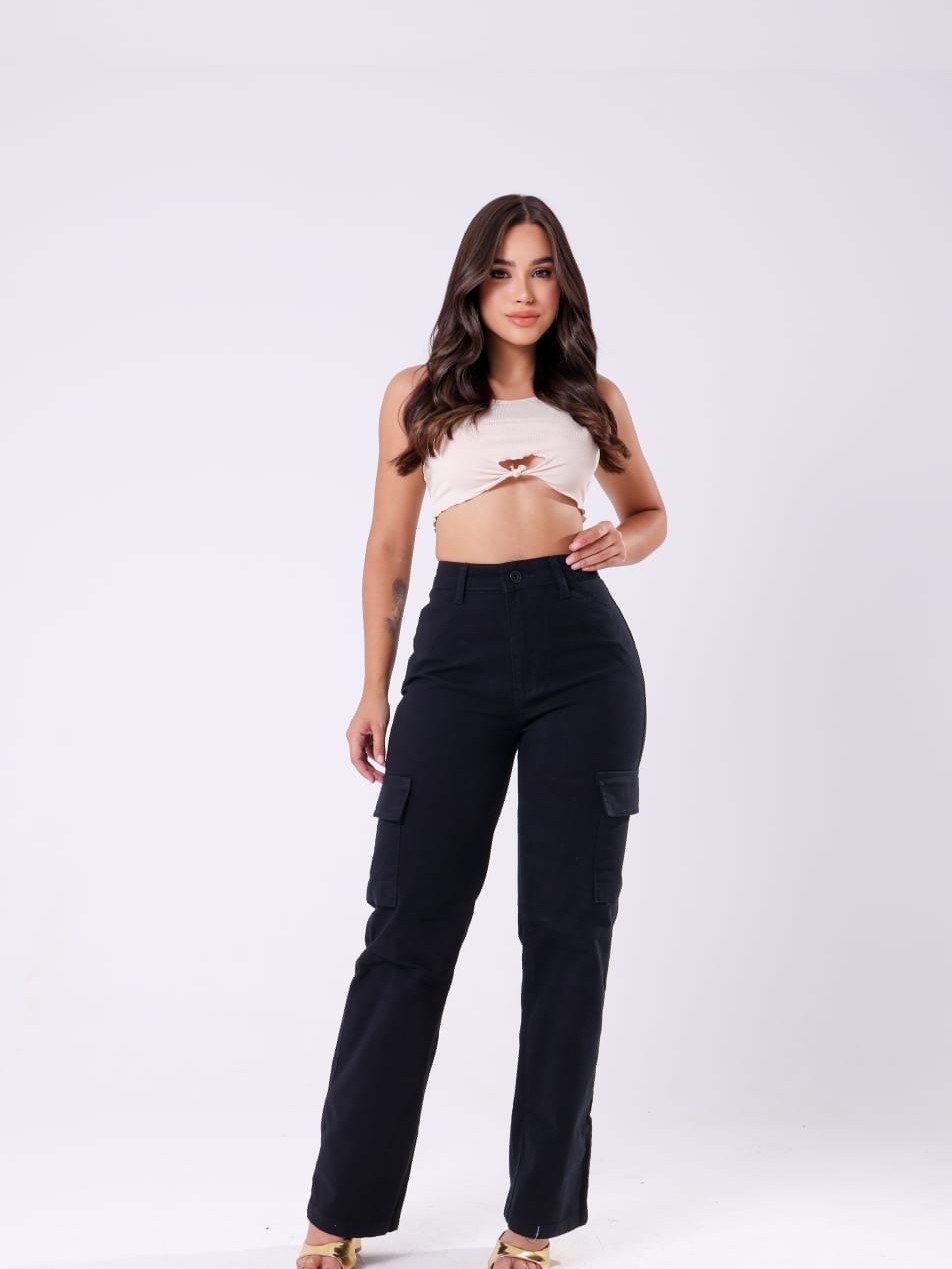 Calça jeans wide leg cargo feminina