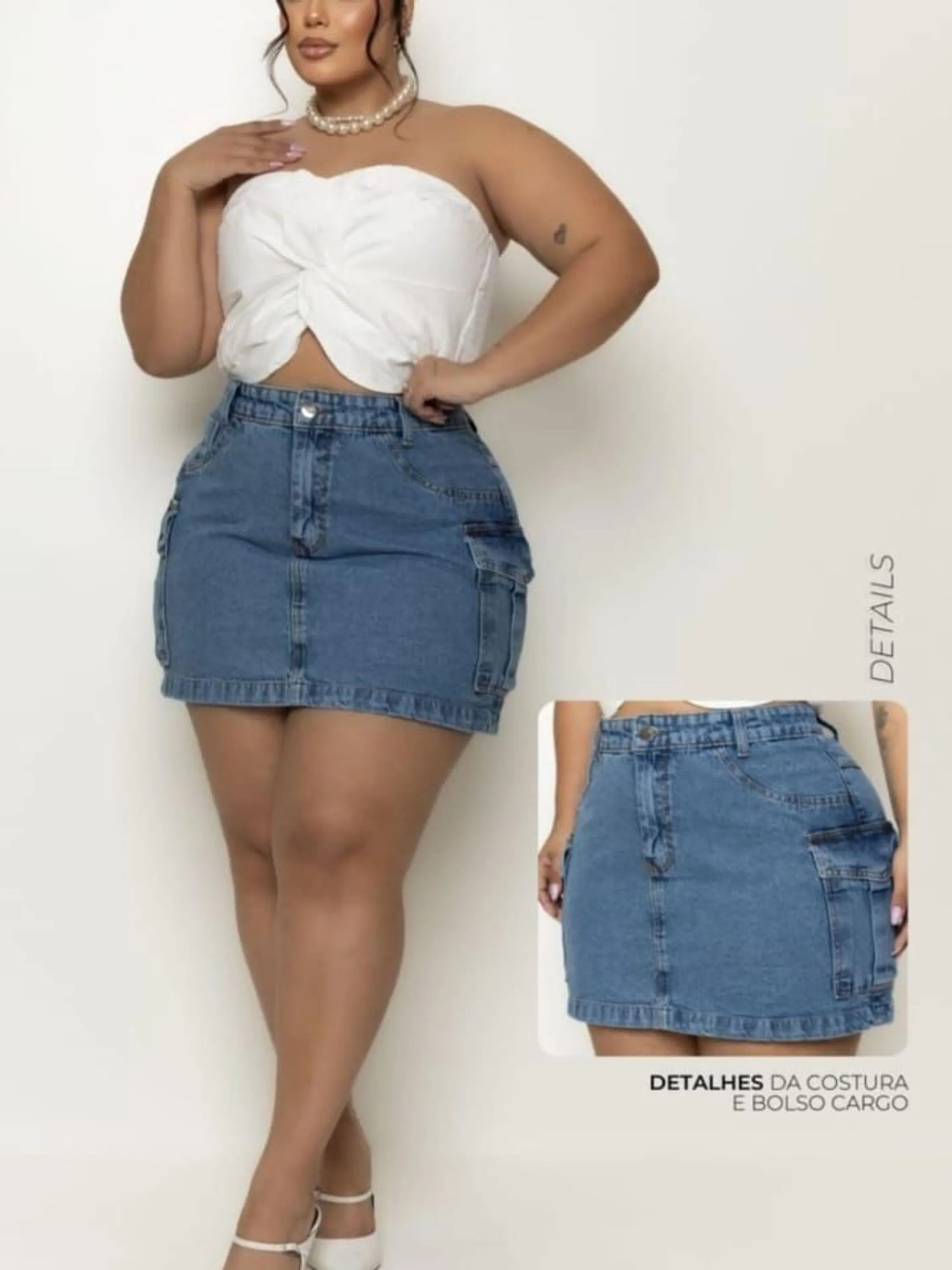 Saia jeans plus size cargo feminina