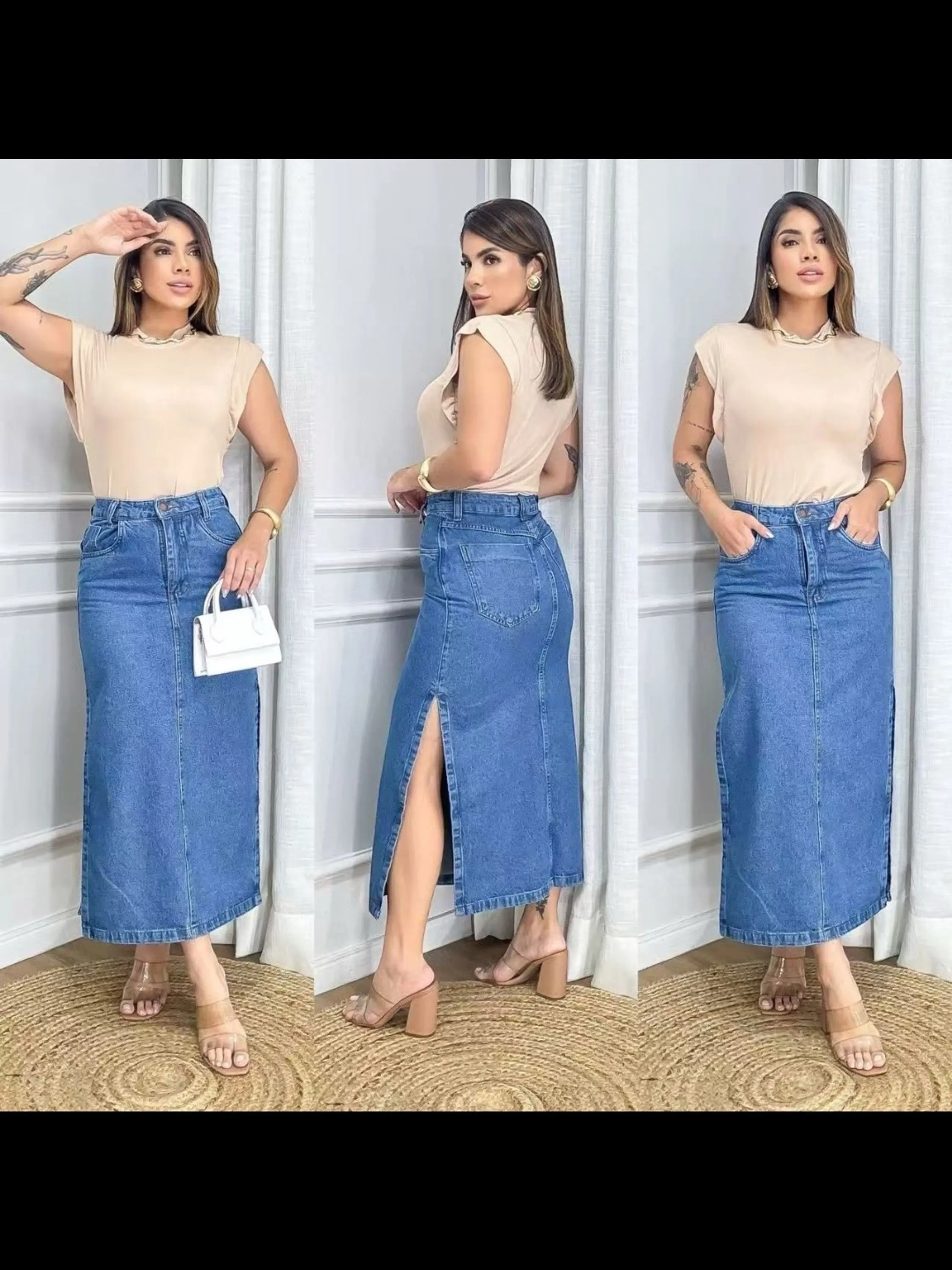Saia jeans midi abertura lateral feminina