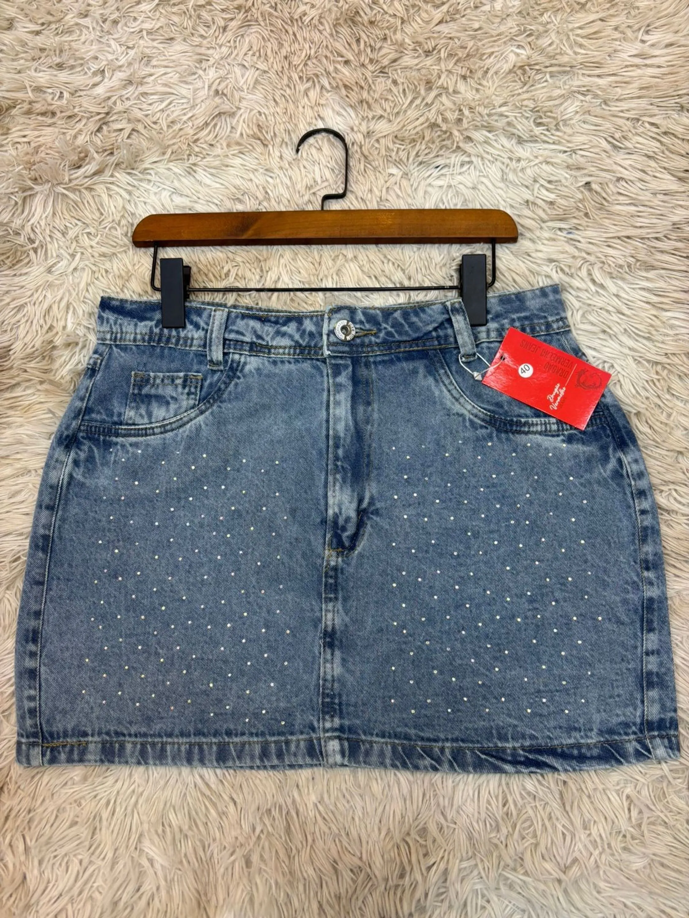 Saia jeans com pedra feminina