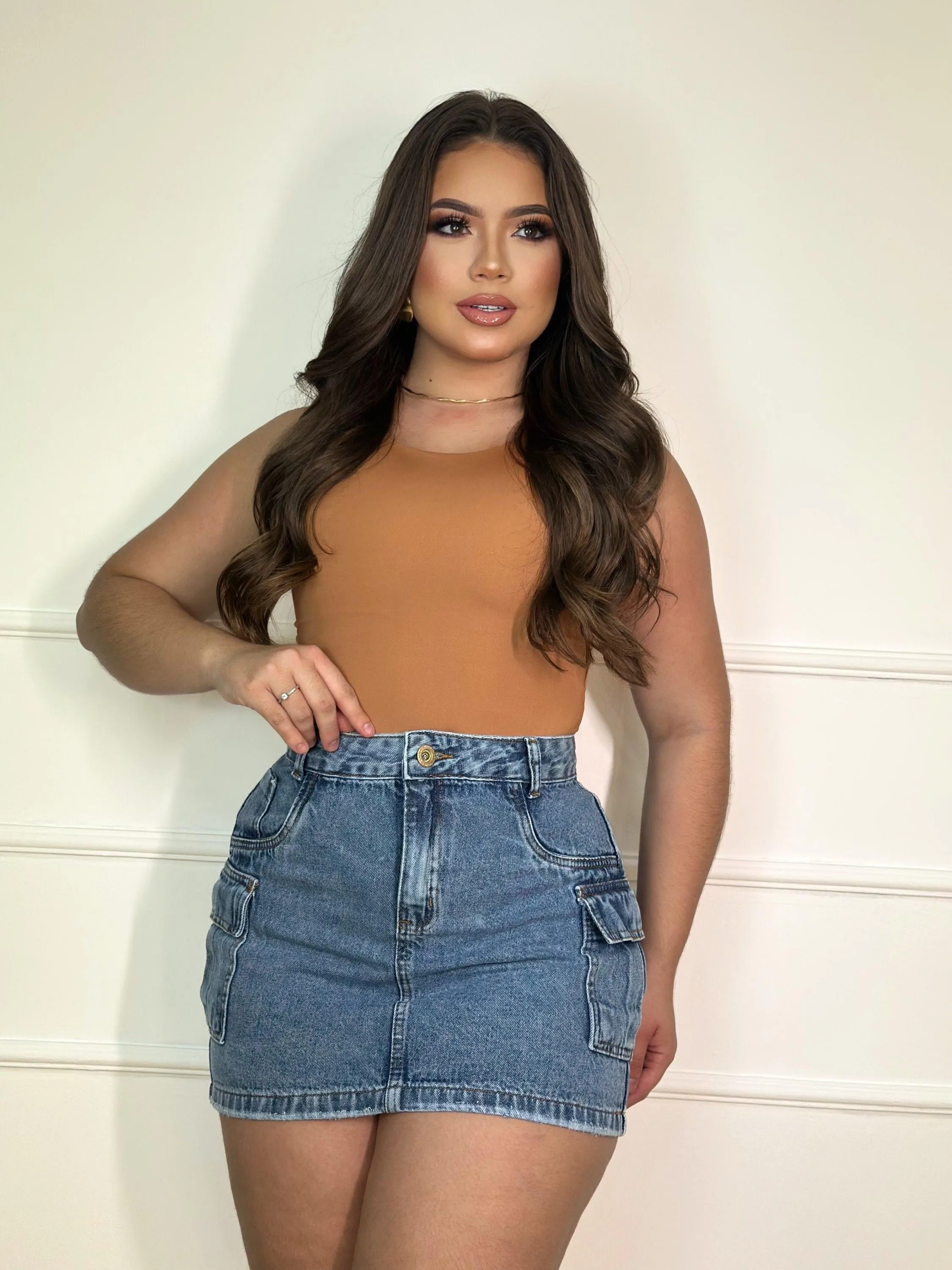 Saia jeans cargo feminina