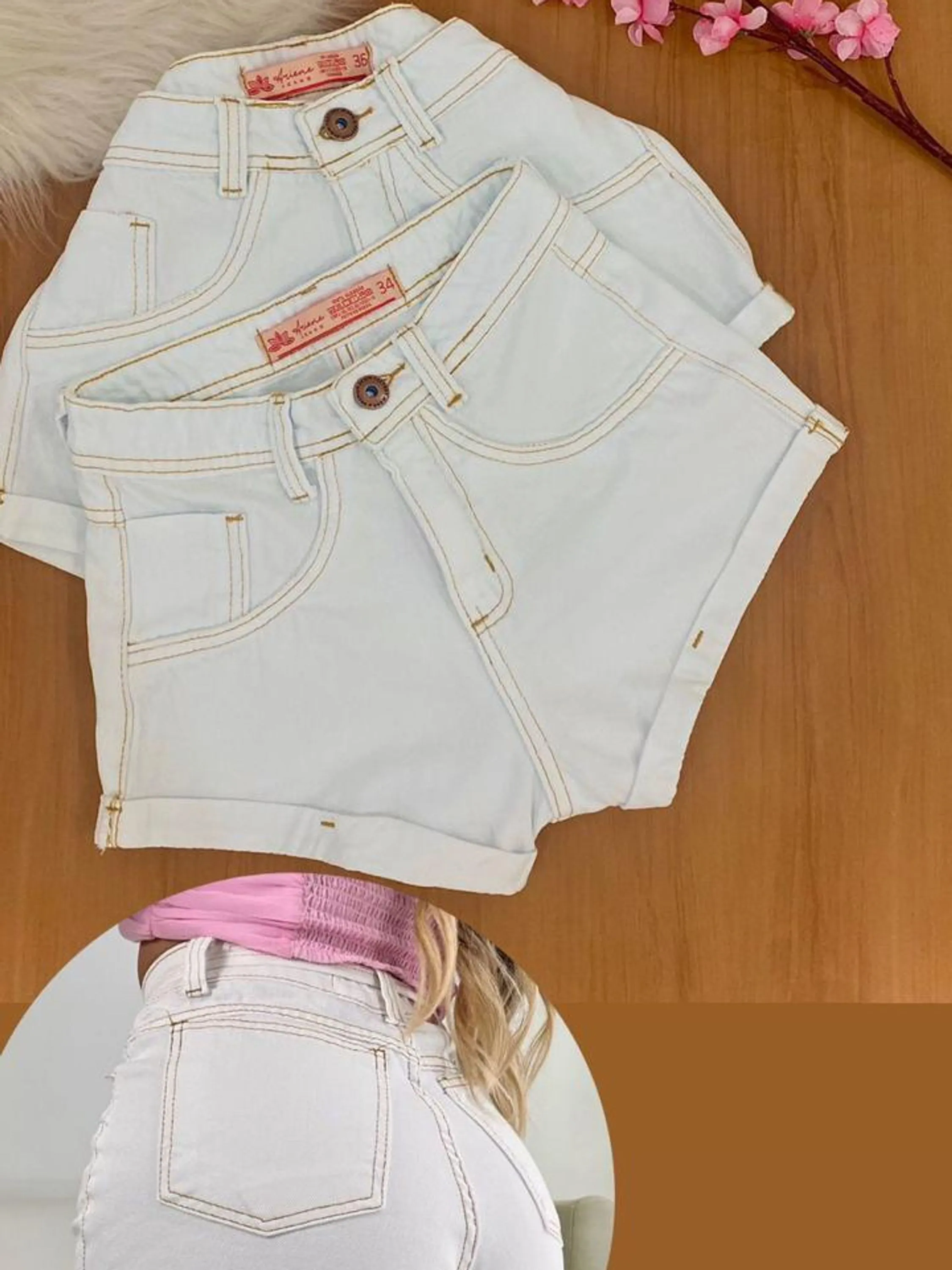 SHORT JEANS FEMININA CINTURA ALTA OFF DOBRADO