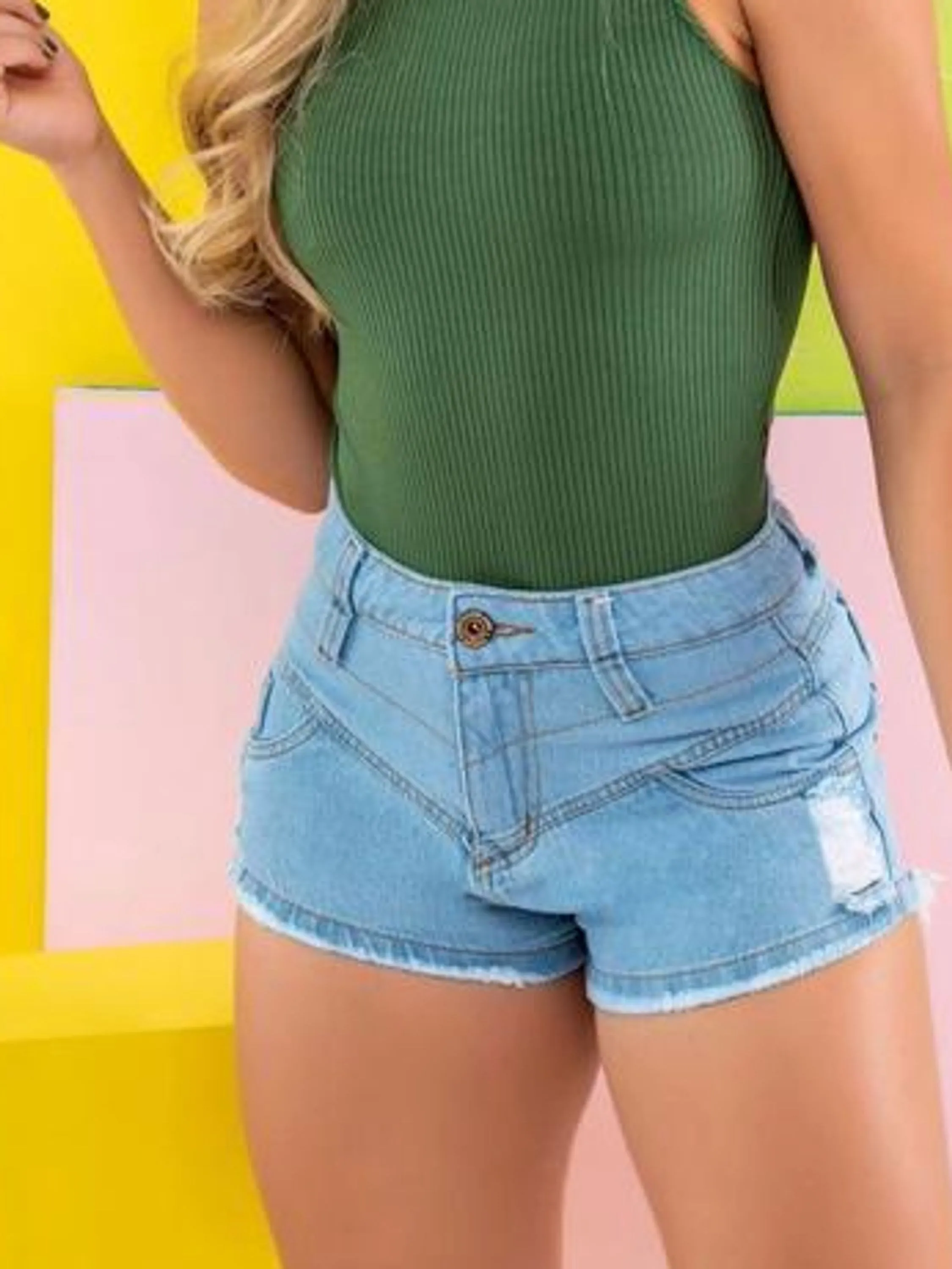 SHORT JEANS FEMININO CINTURA ALTA DELAVE PALA COS