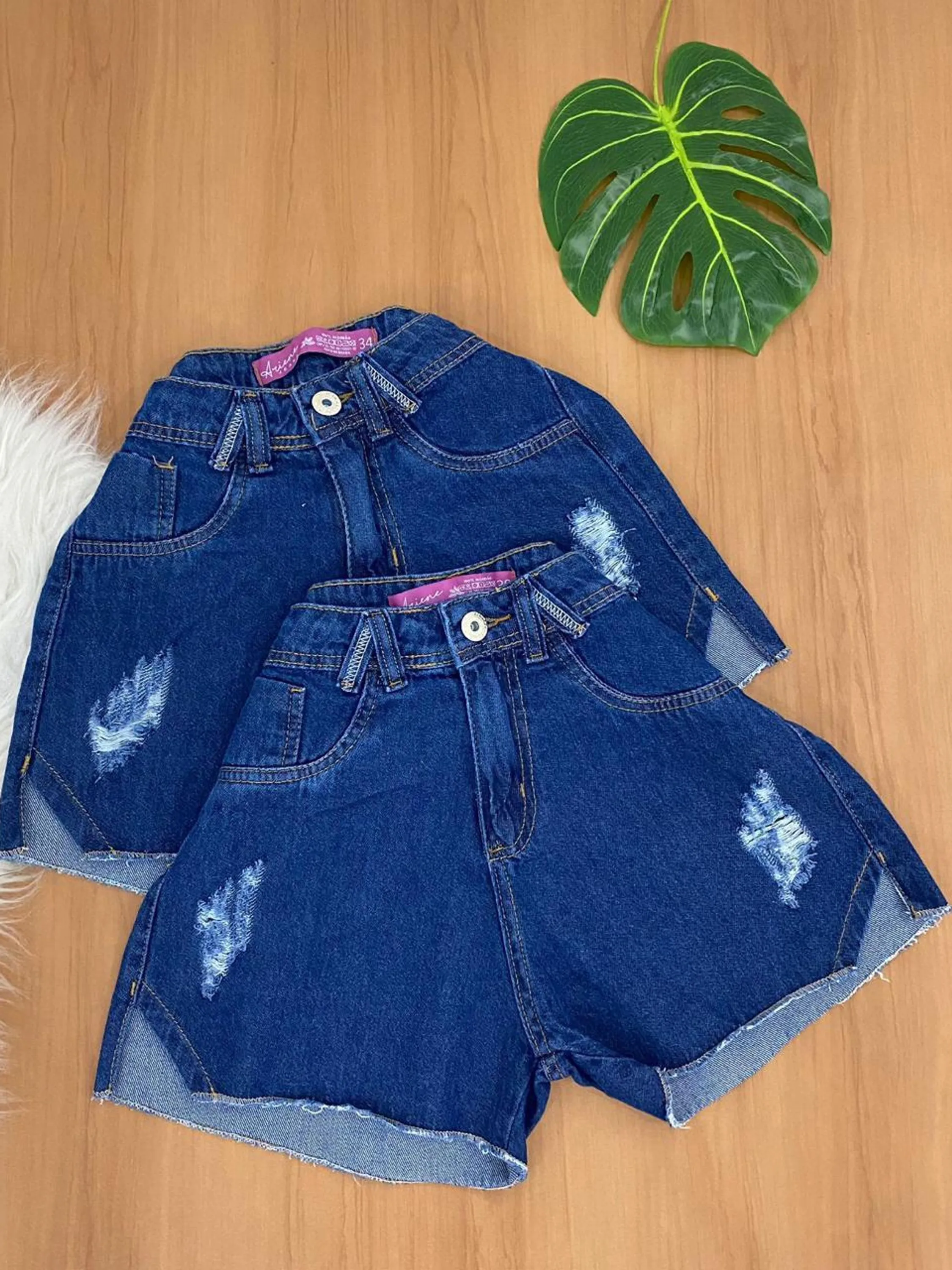 SHORT JEANS FEMININO CINTURA ALTA AZUL CHULIADO LASCADO