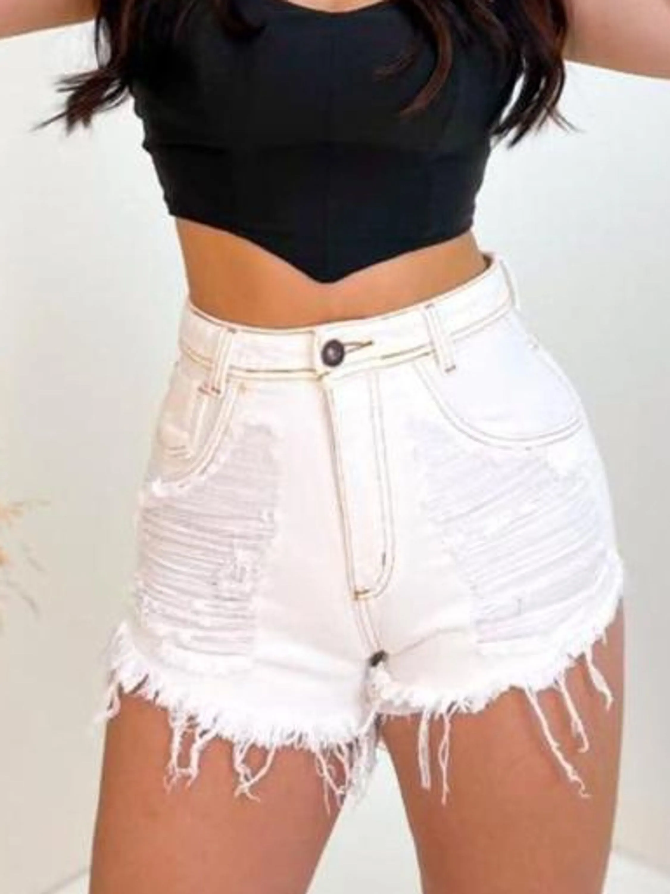 SHORT JEANS FEMININO CINTURA ALTA OFF DETONADO