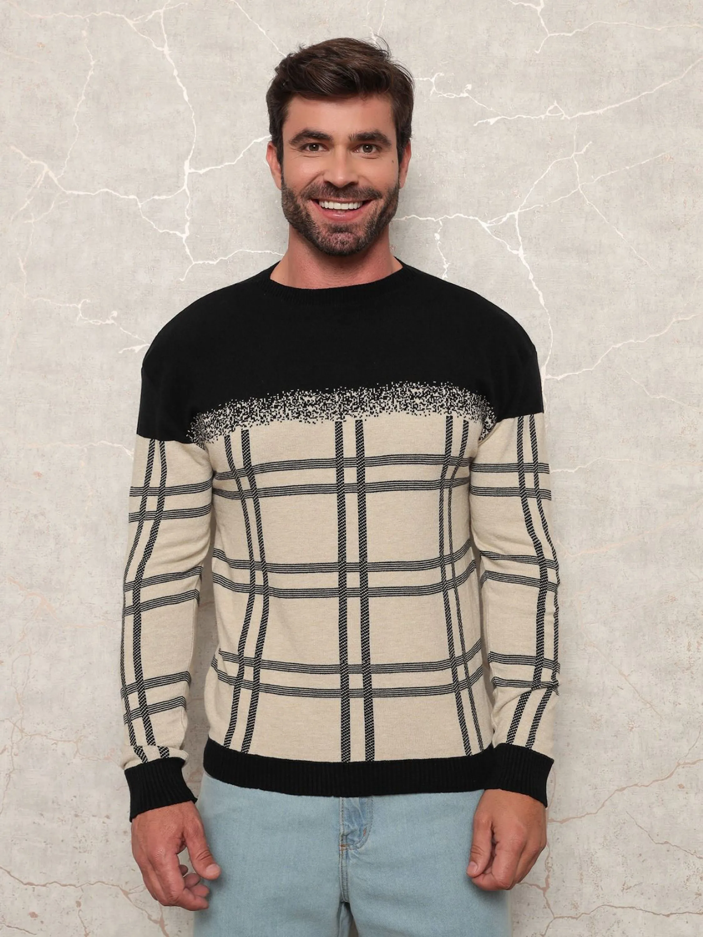 SUÉTER XADREZ MASCULINO TRICÔ MODAL DE GOLA REDONDA 002