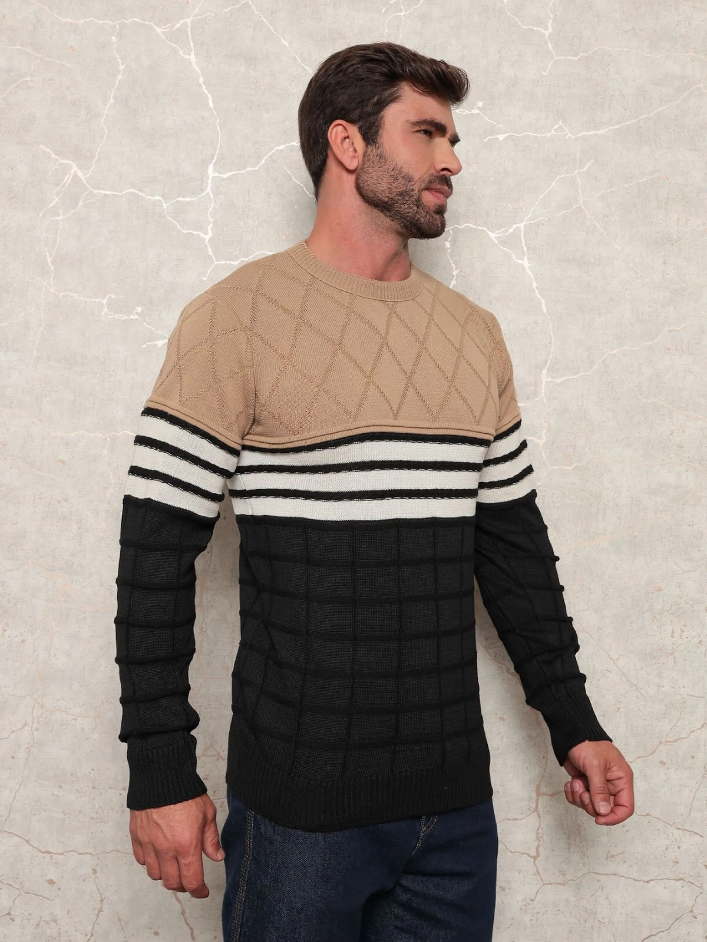 SUÉTER MASCULINO LOSANGO LISTRADO DE TRICÔ MODAL