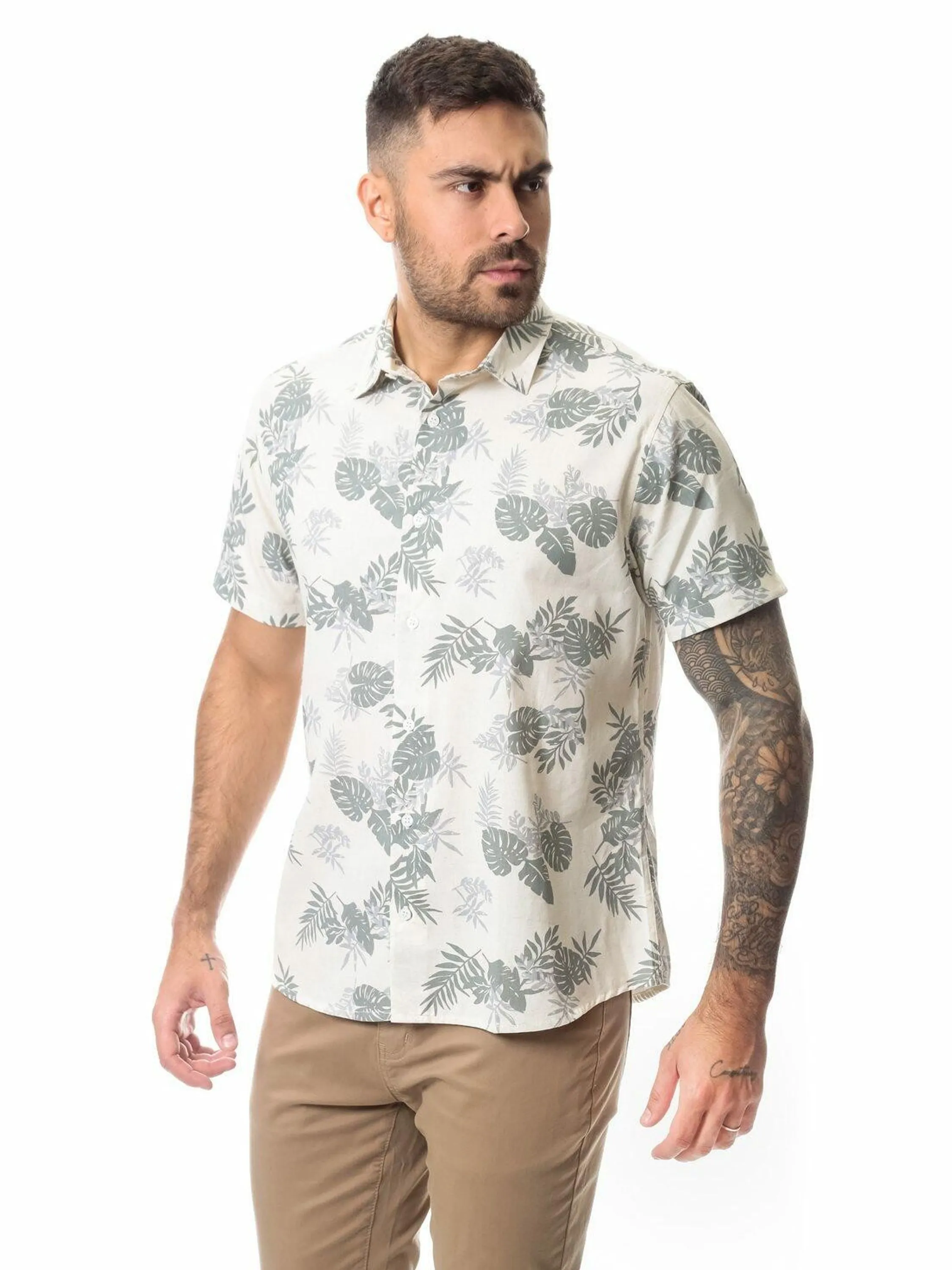 Camisa masculina de linho estampada