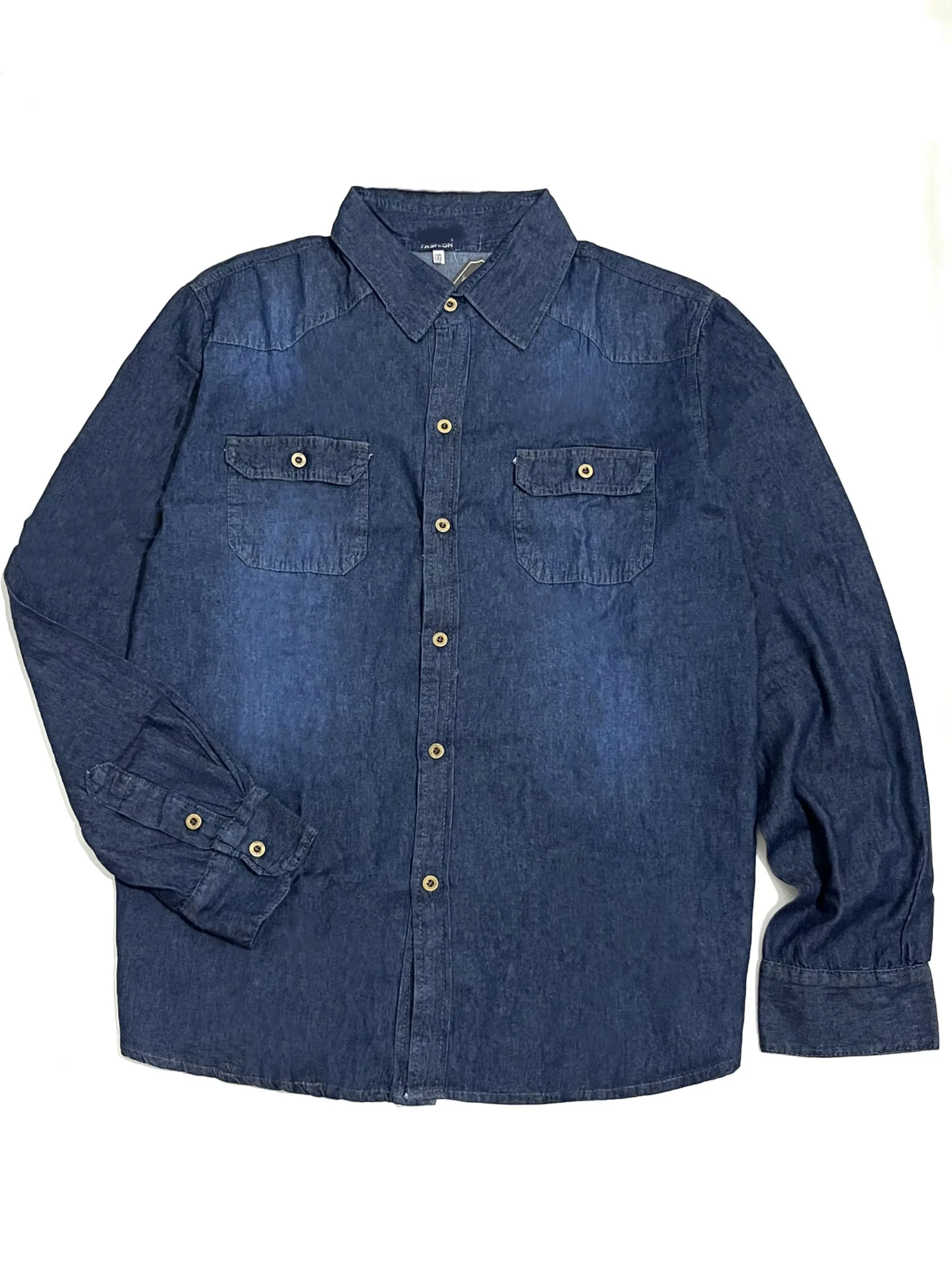 Camisa jeans masculina manga longa com bolso e botão