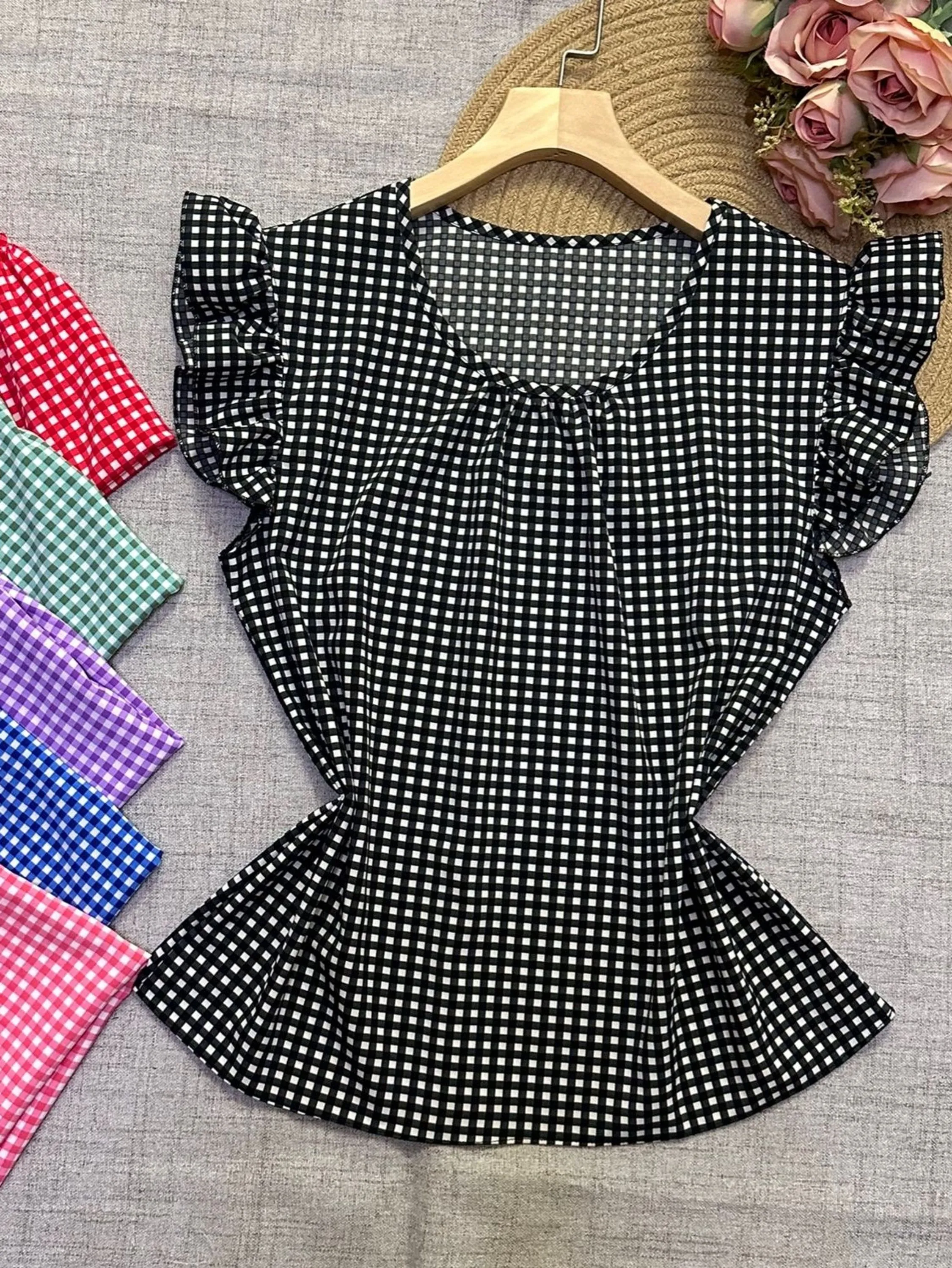 0271-3 xadrez blusa moda feminina