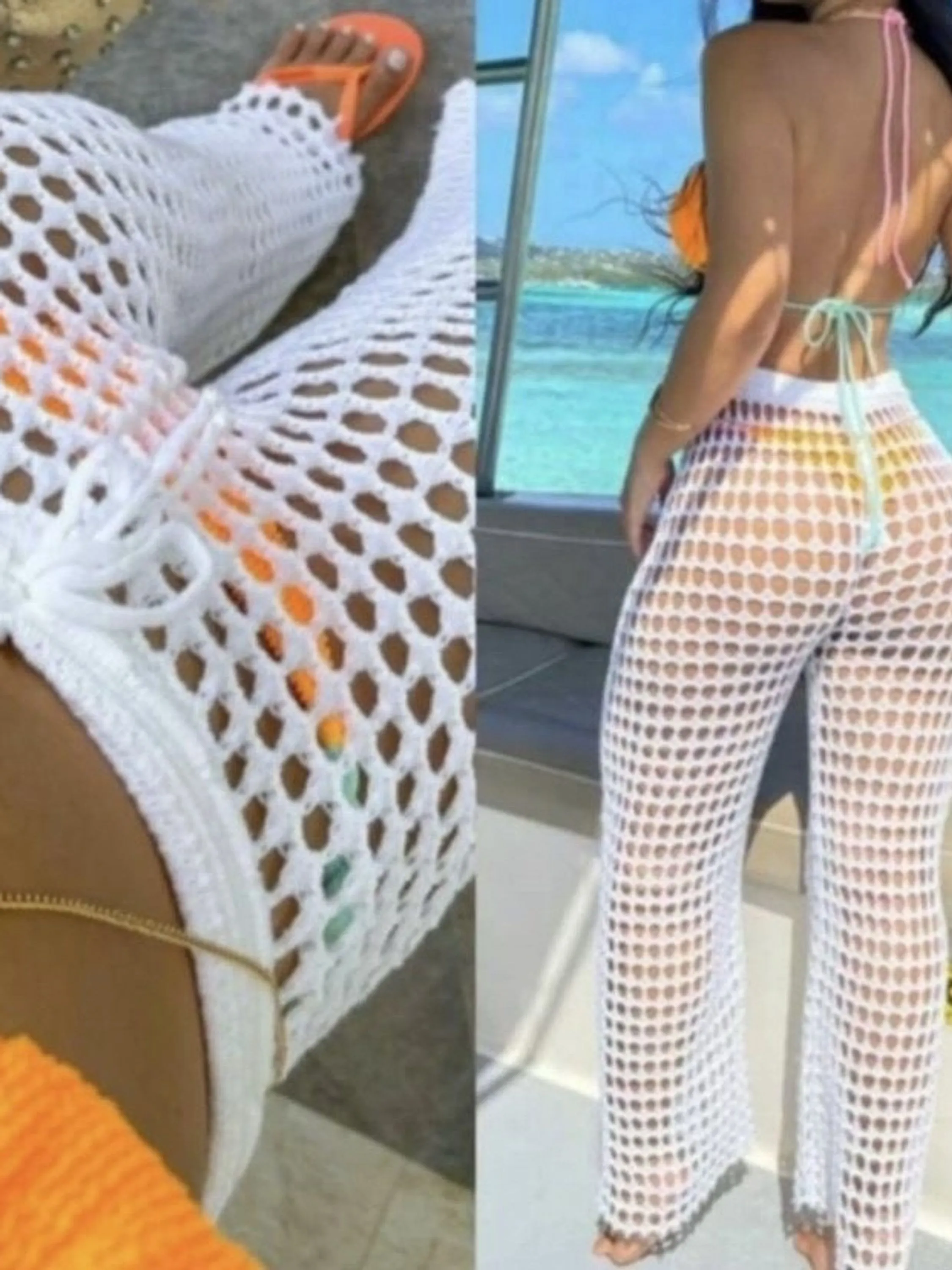 Calça Saída de Praia Tricot Rendada Telinha Rede Piscina