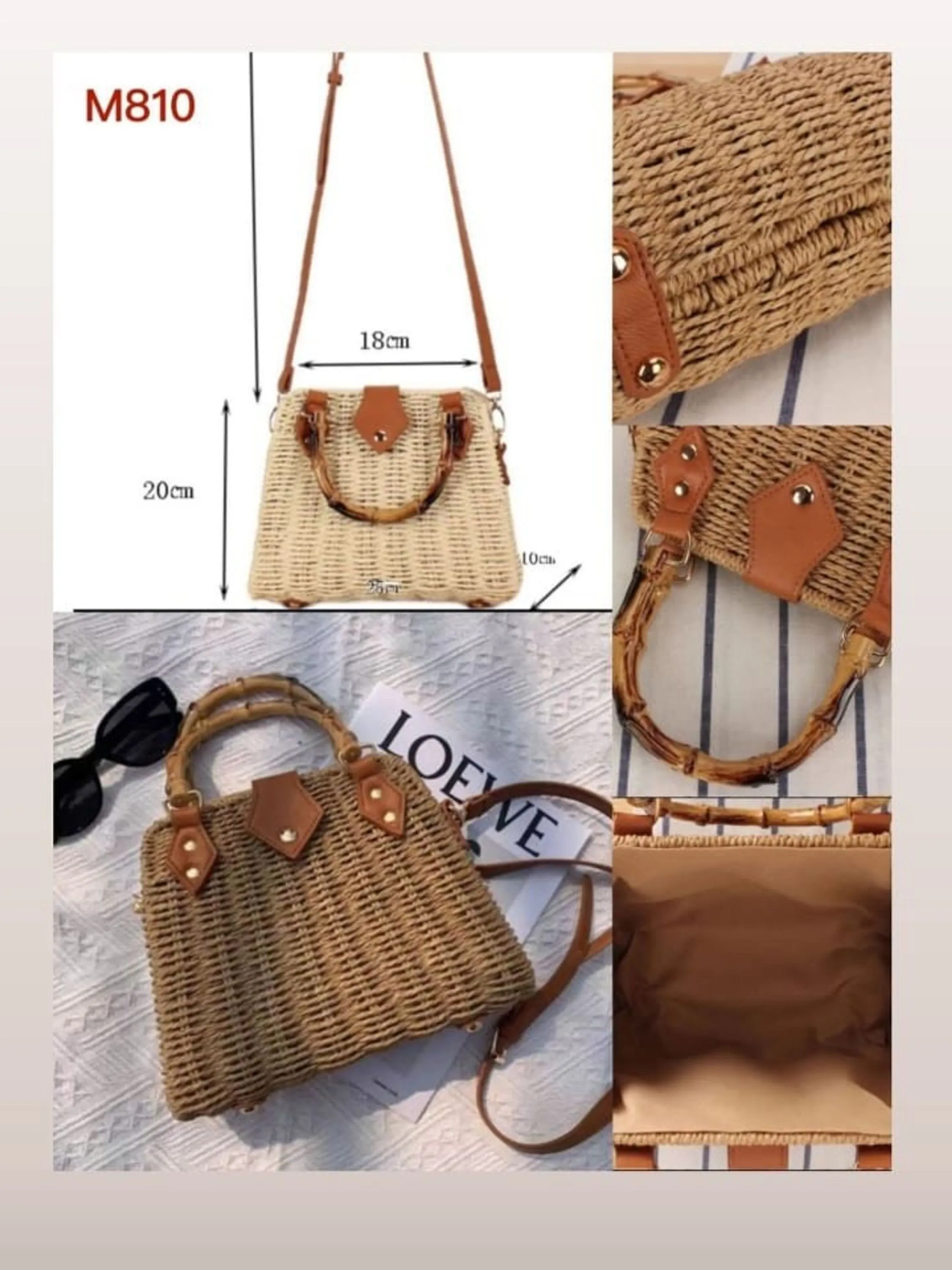 BOLSA DE PALHA ESTILO BAÚ C/ ALÇA ARTIFICIAL DE BAMBU - M810