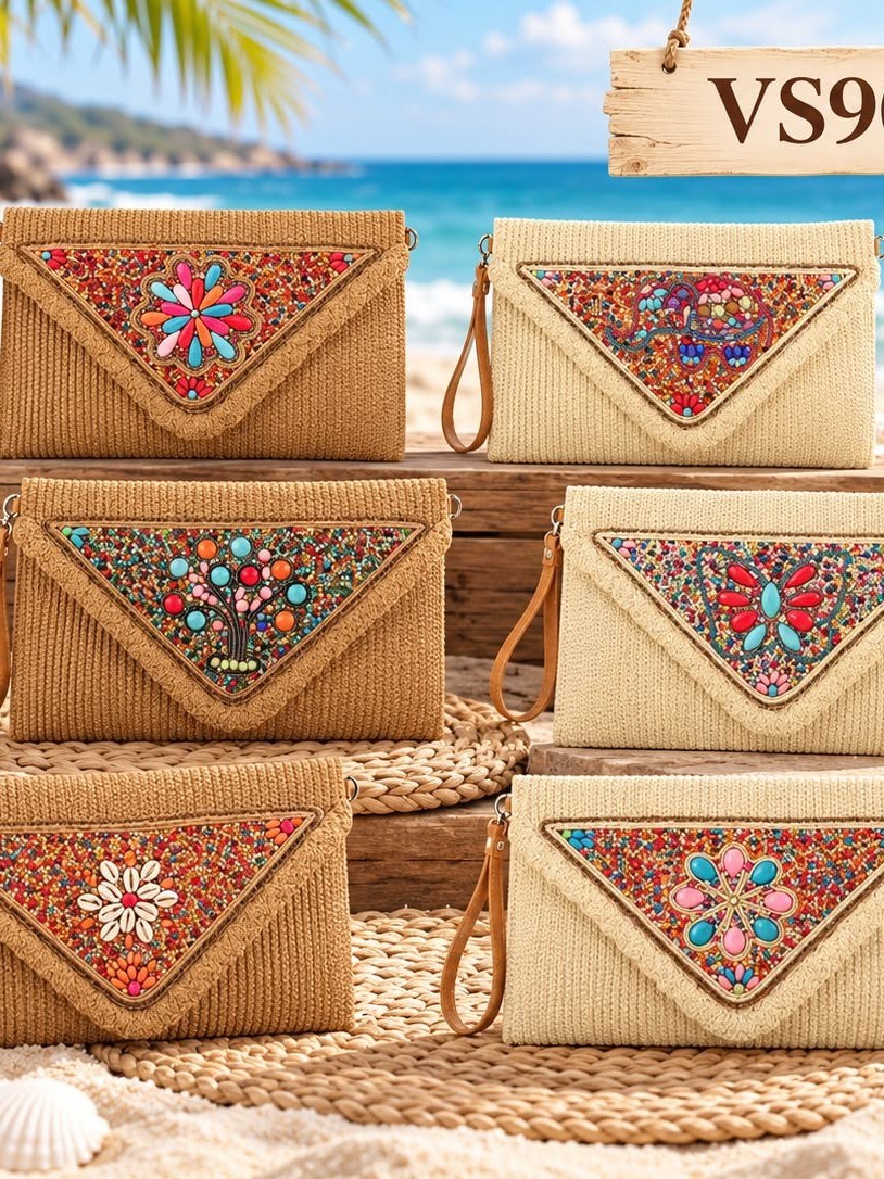 Bolsa Feminina de Palha Com Bordado Colorido VS909