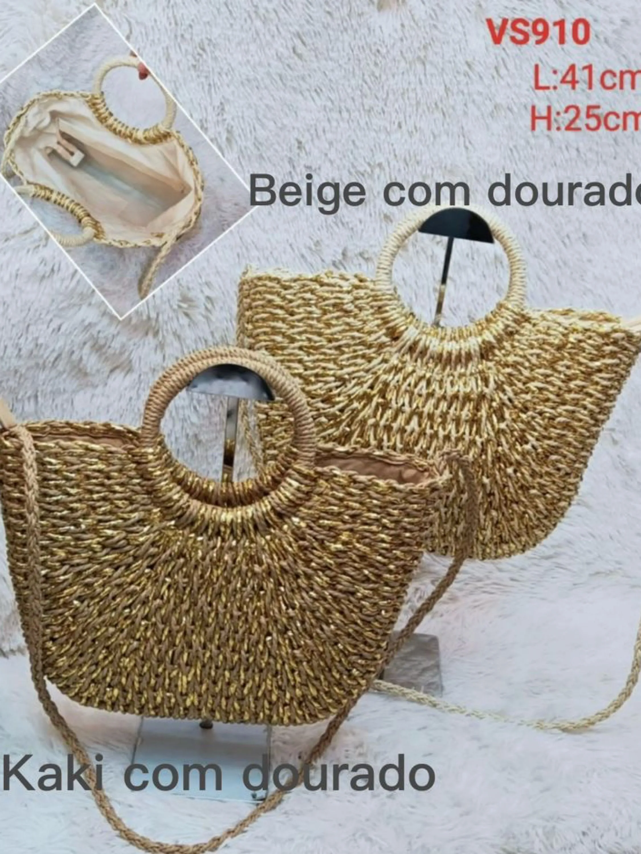 Bolsa de palha com detalhes dourado vs910