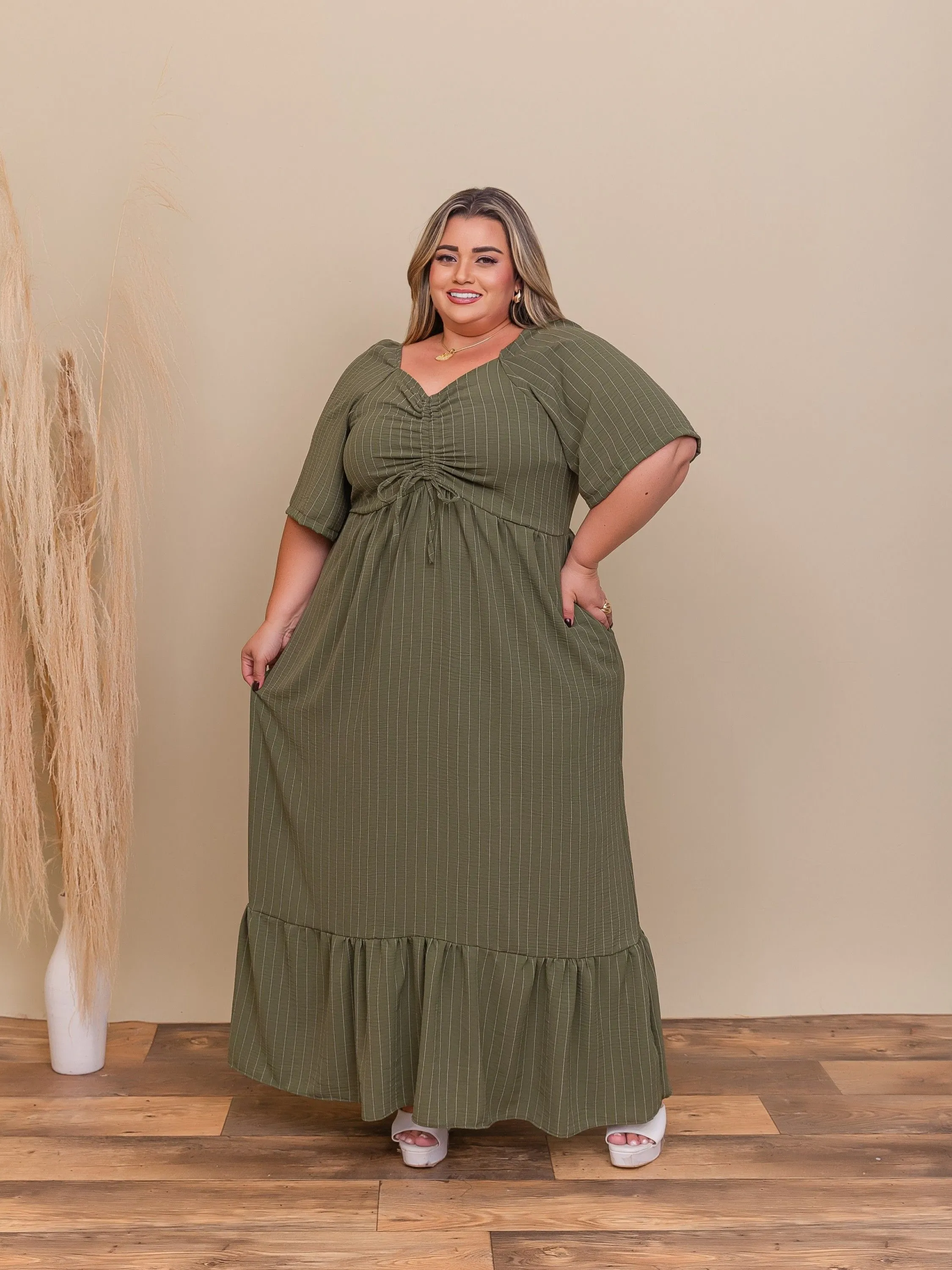 VESTIDO LISTRADO FEMININO LONGO PLUS SIZE