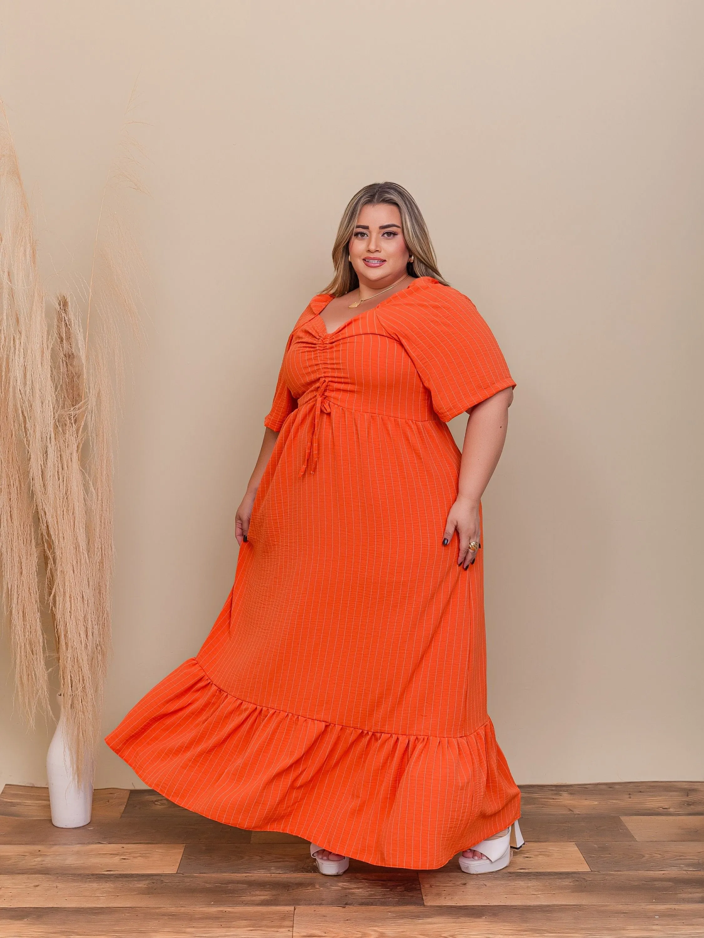 VESTIDO LISTRADO FEMININO LONGO PLUS SIZE