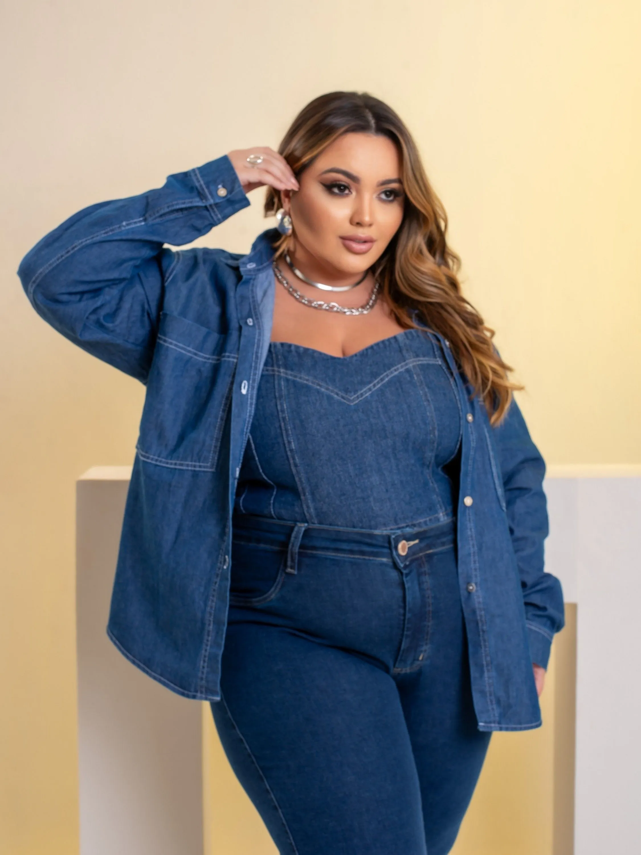 Camisa Jeans Manga Longa Plus Size 2300