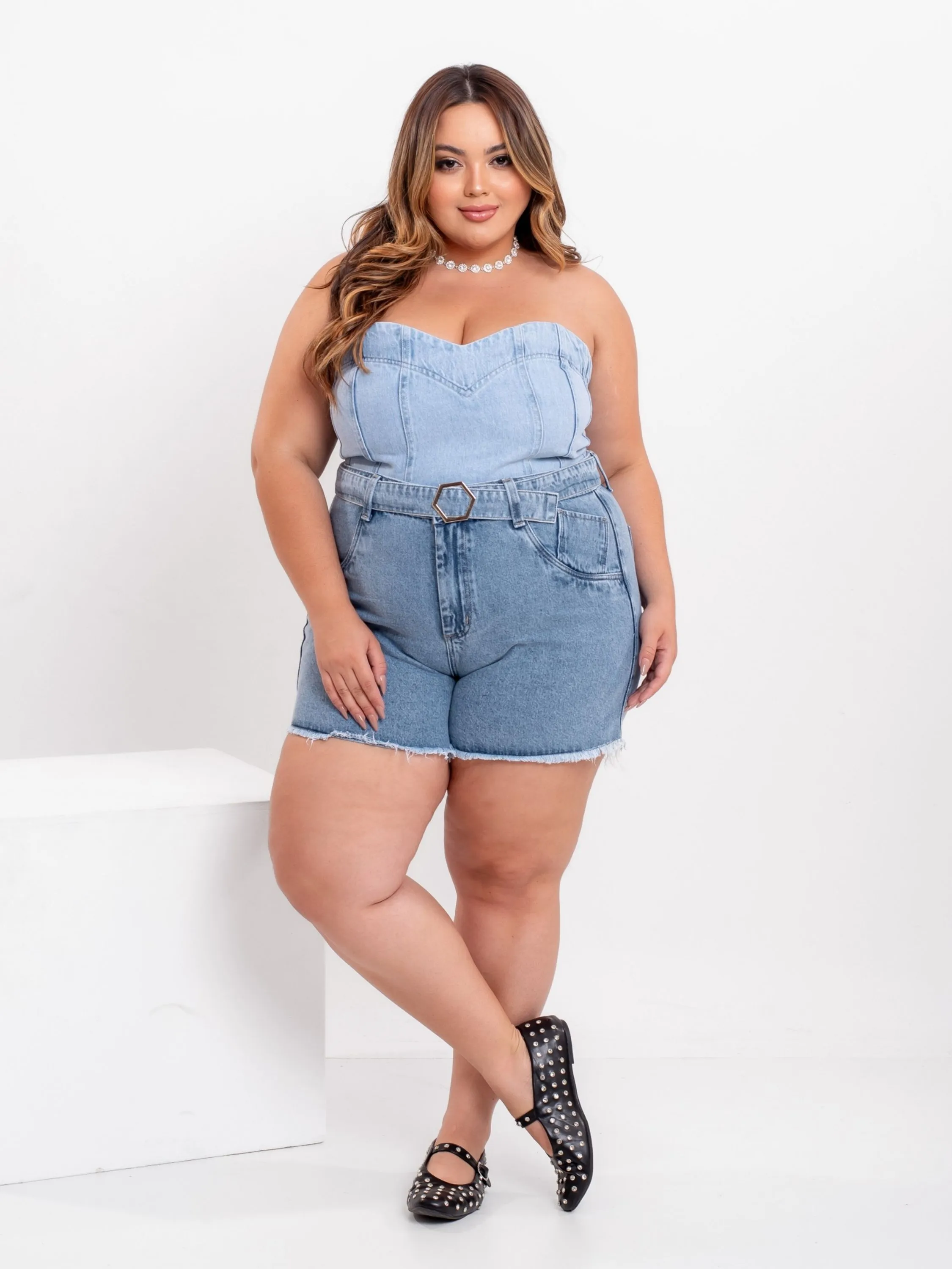 Short jeans plus Size com cinto REF 2317