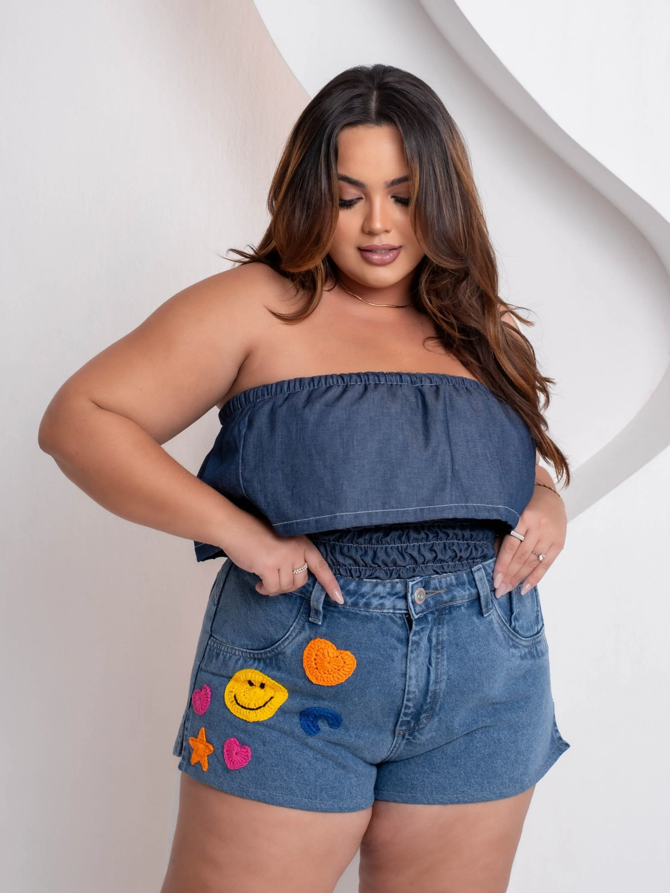 Blusa jeans tomara que caia Plus Size 2291