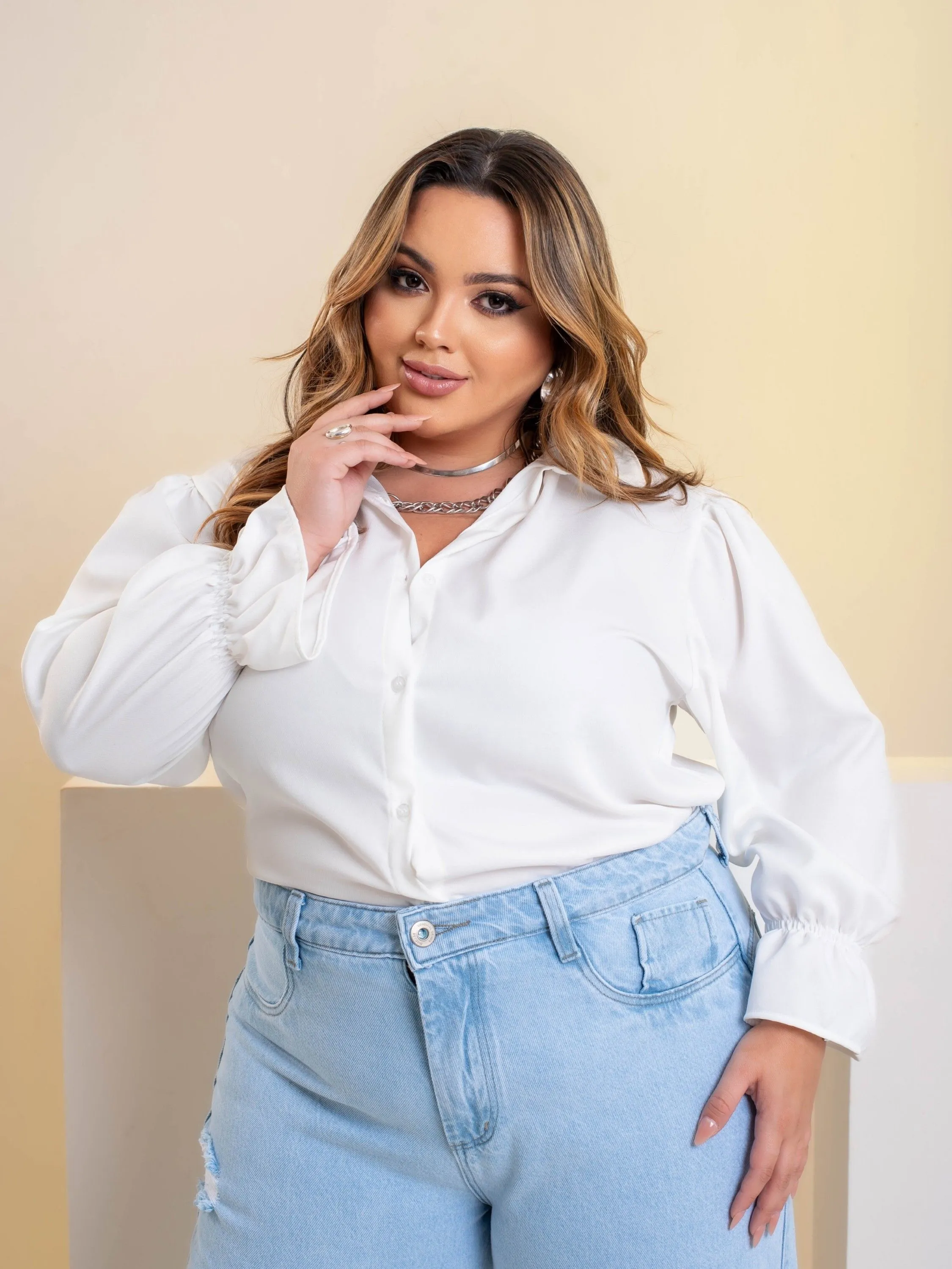 Camisa Manga Longa Off white Plus Size Tam G e GG REF 2301