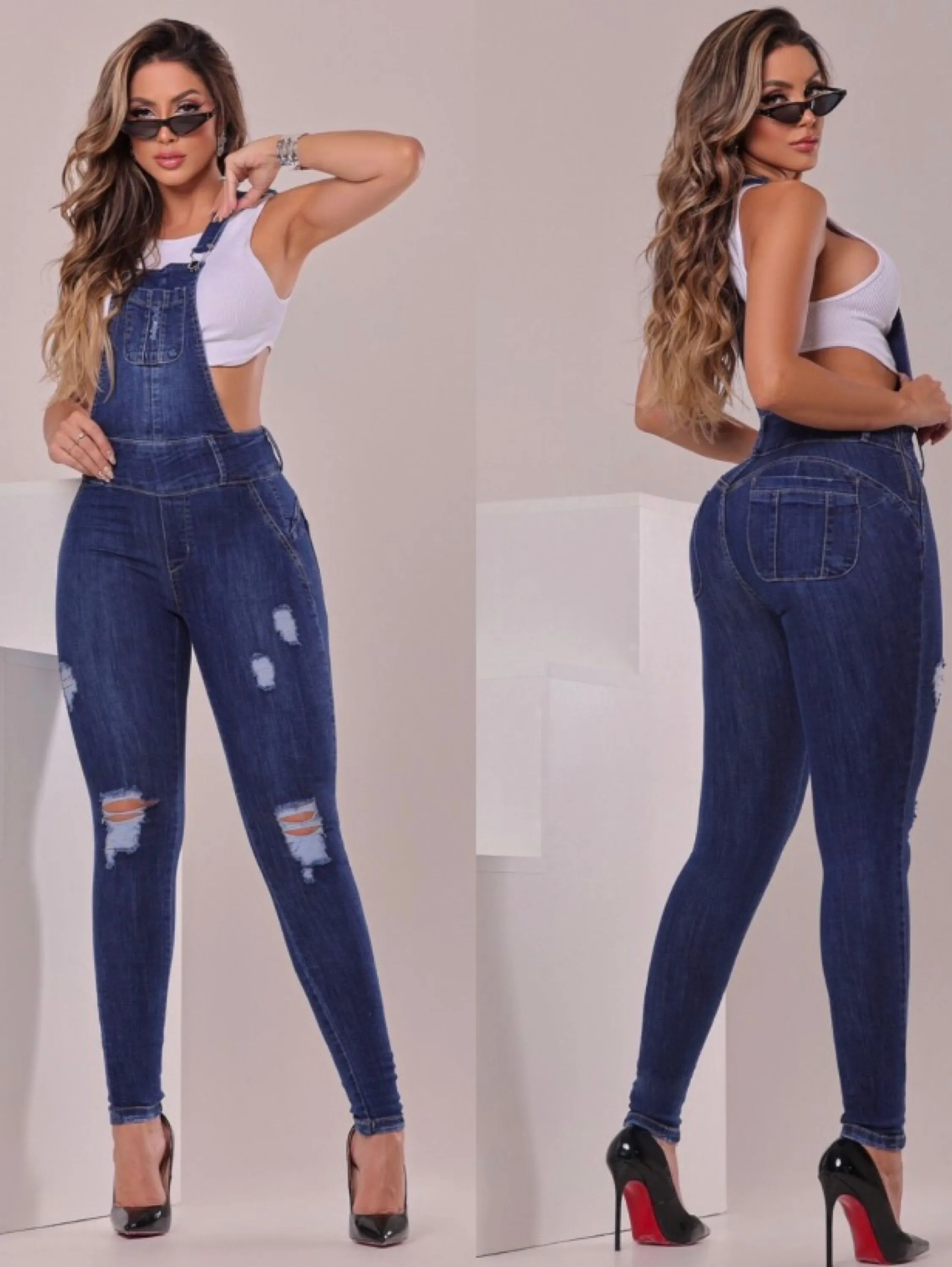 Jardineira feminina jeans de calça moda jovem social