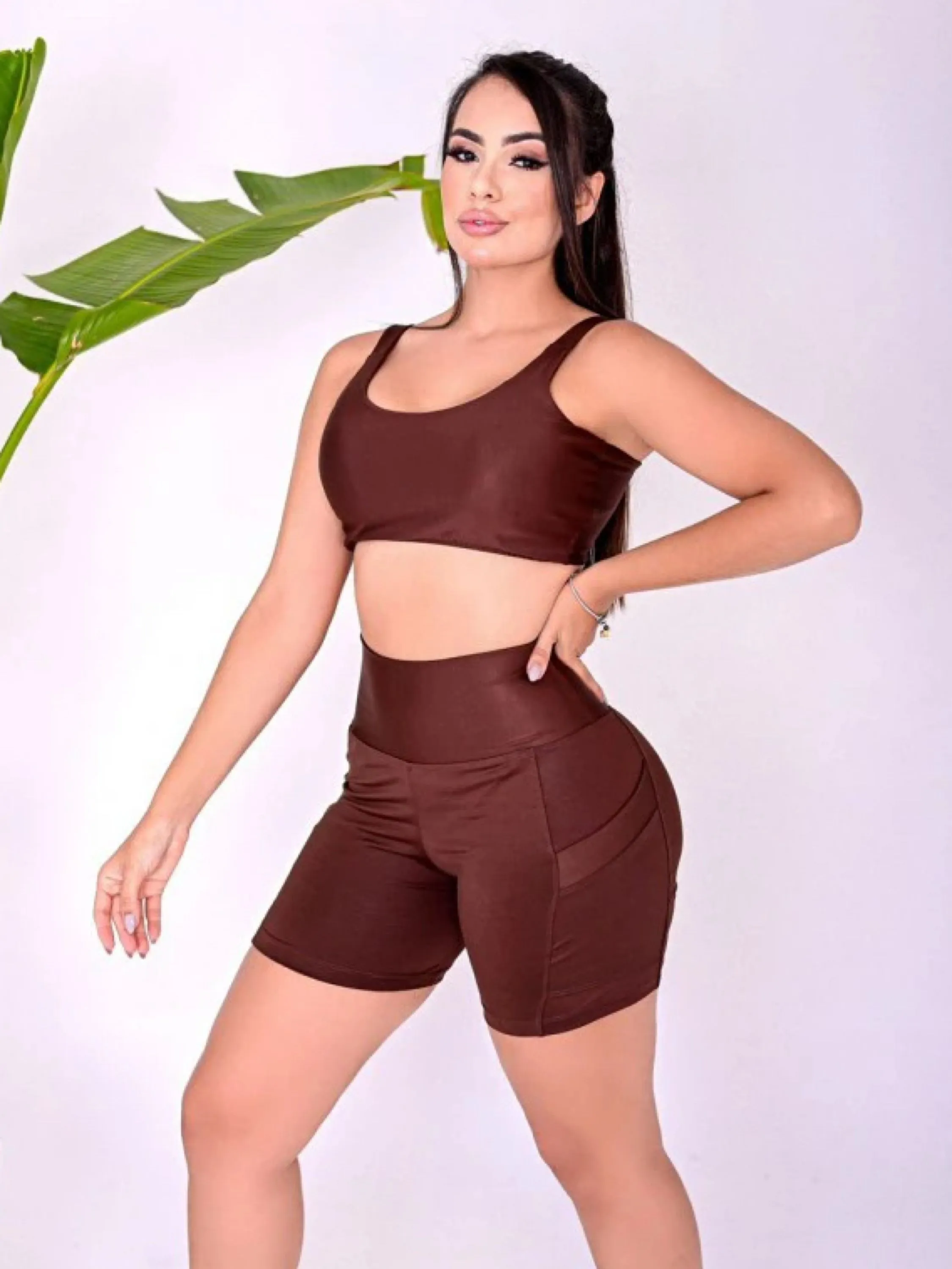 Conjunto fitness feminino short cós alto top trançado