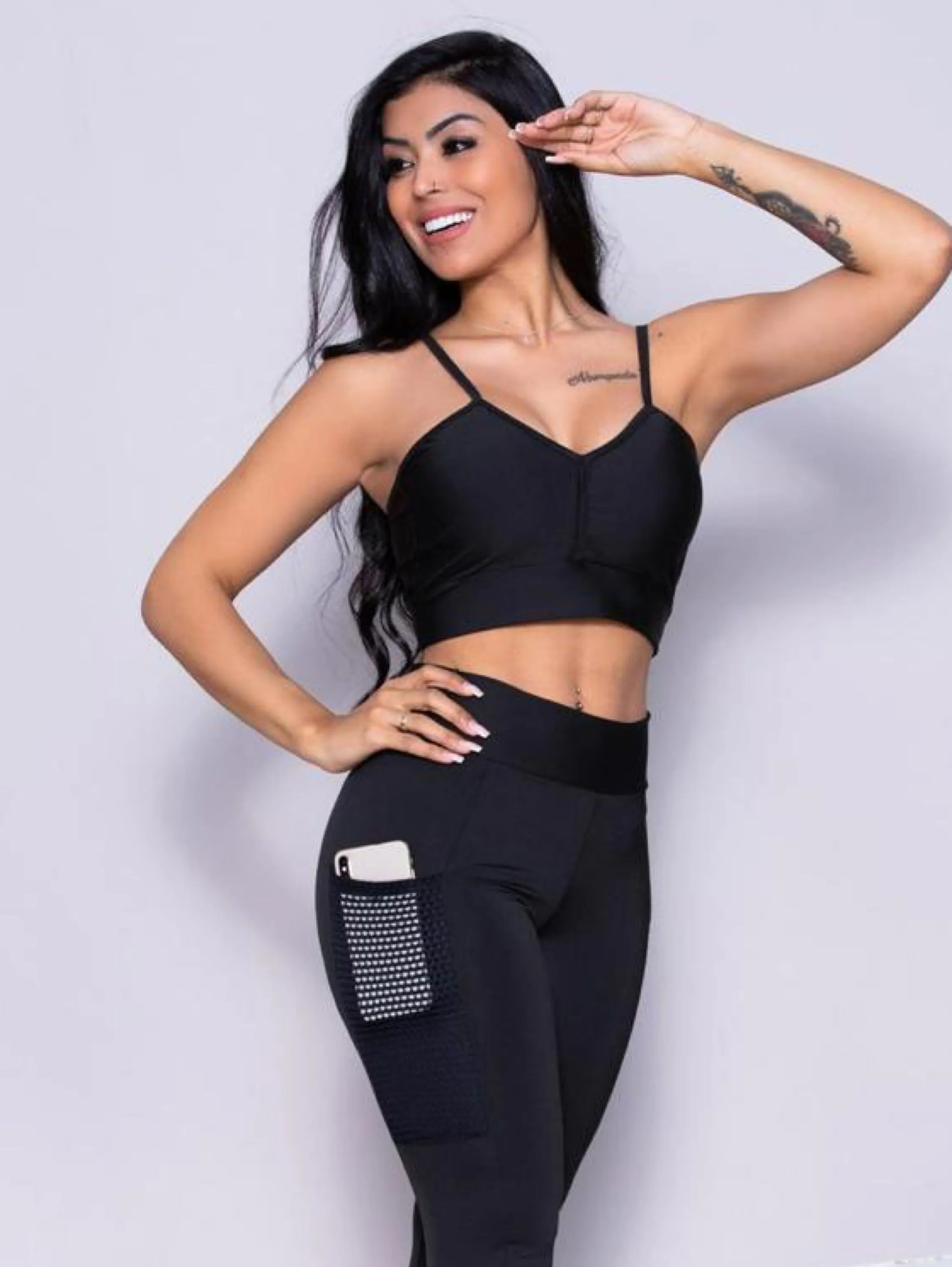 Conjunto feminino de academia calça com bolso cintura alta e top no suplex de alta qualidade