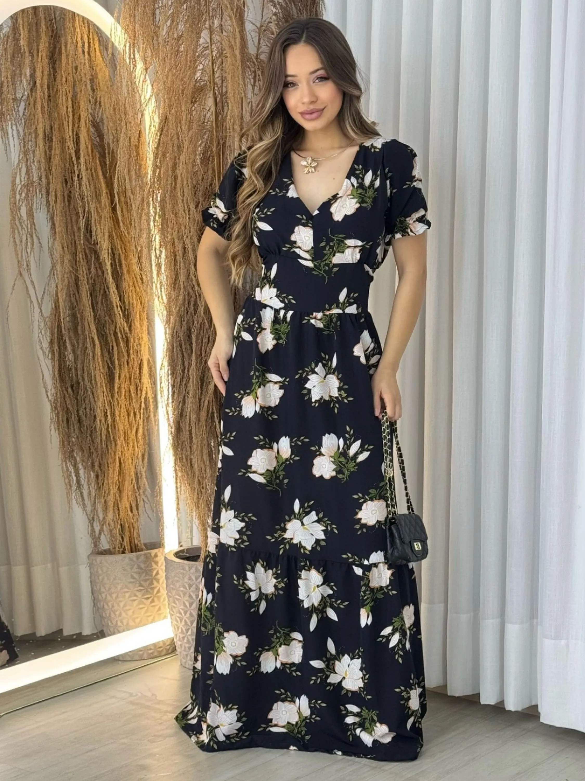 Vestido longo feminino estampado social modinha