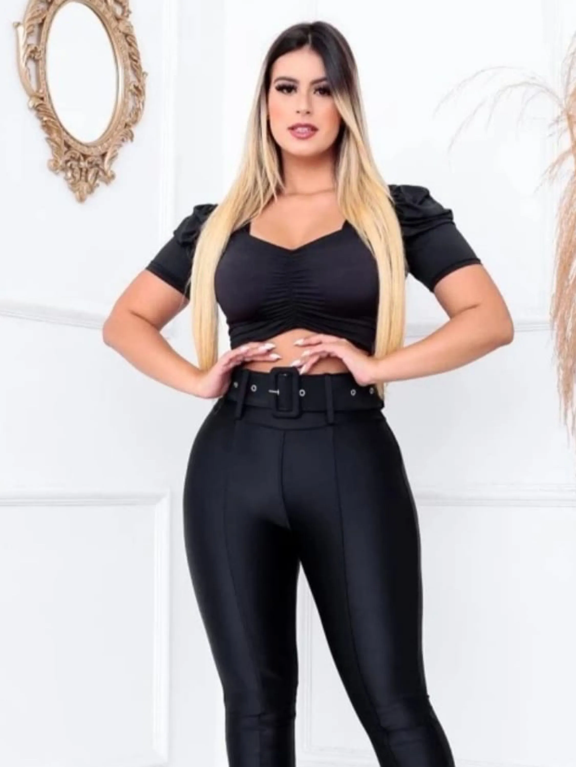 Calça feminina cintura alta con cinto encapado premium luxo