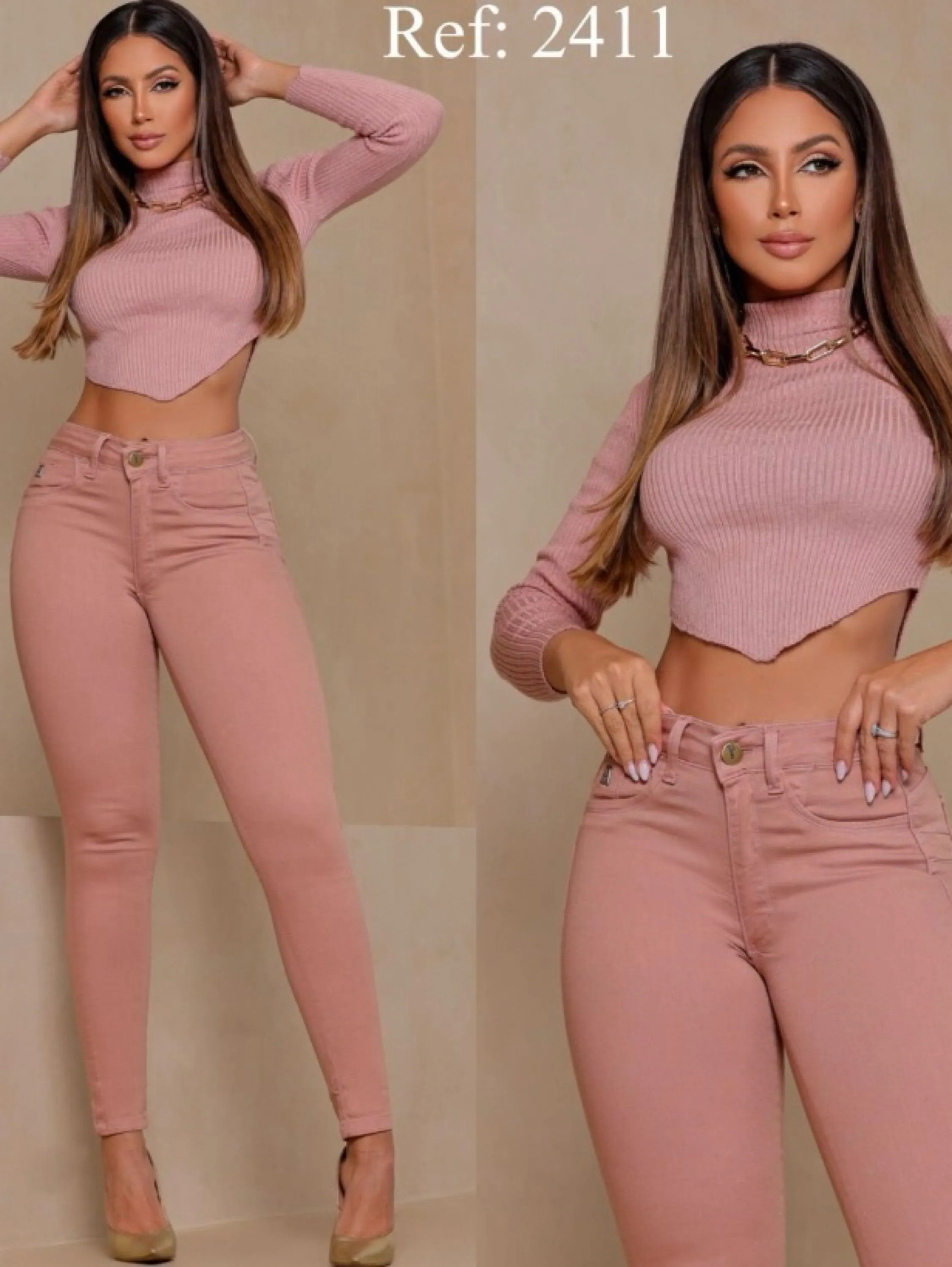 Calça jeans skiny rose social cintura alta premium