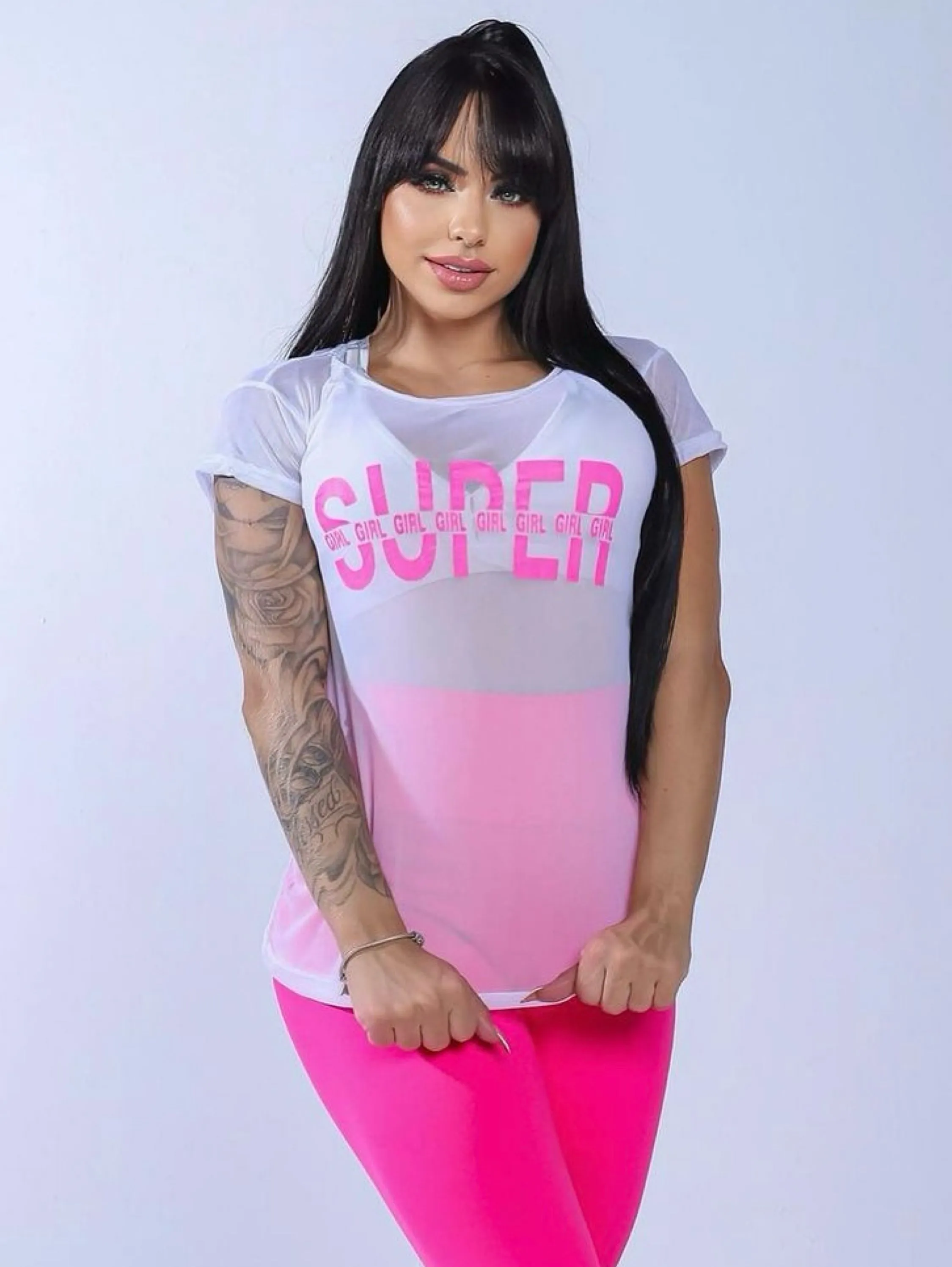 Blusa moda de academia em tule manga curta fitness premium