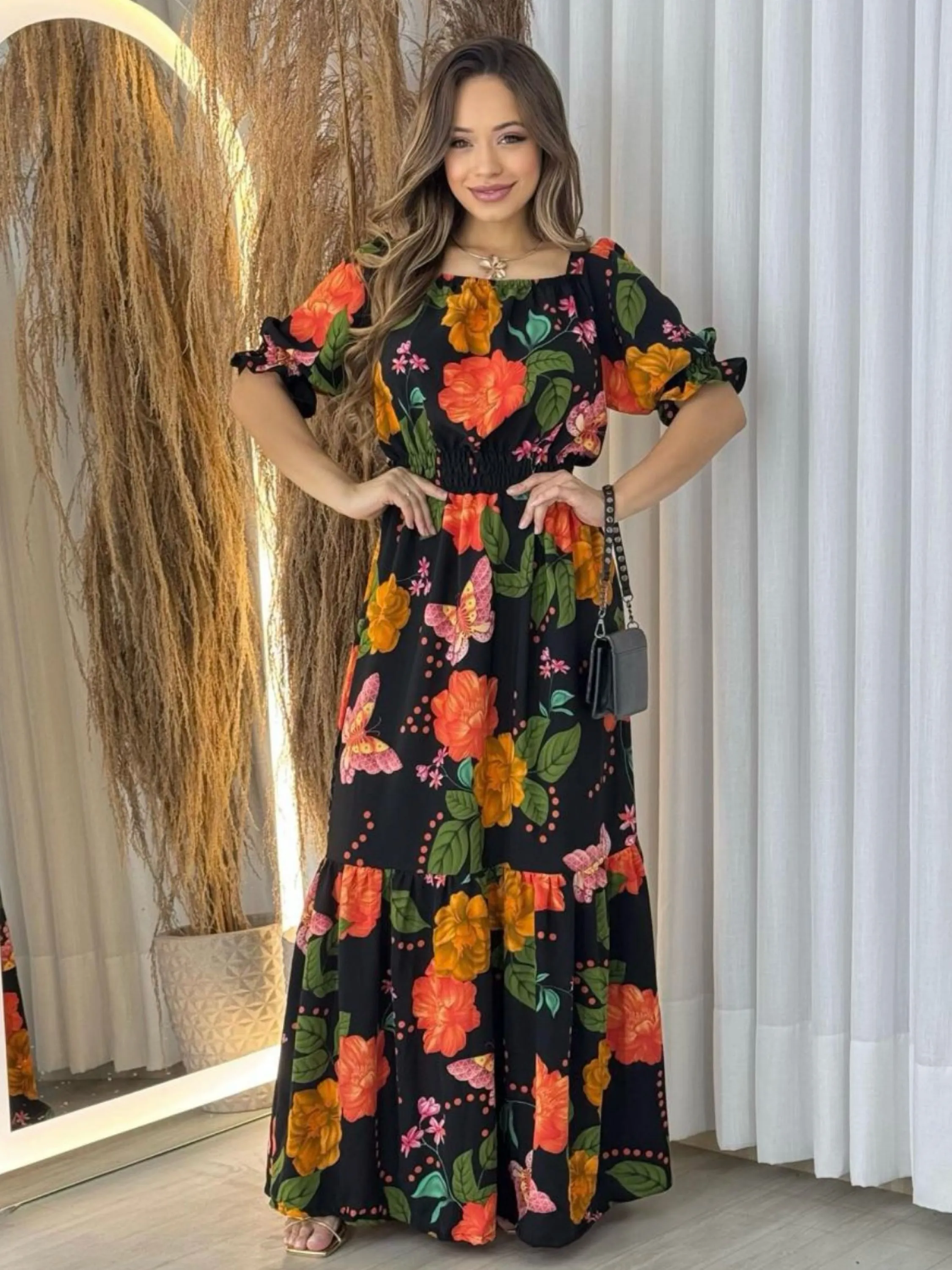 Vestido social longo feminino estampado premium