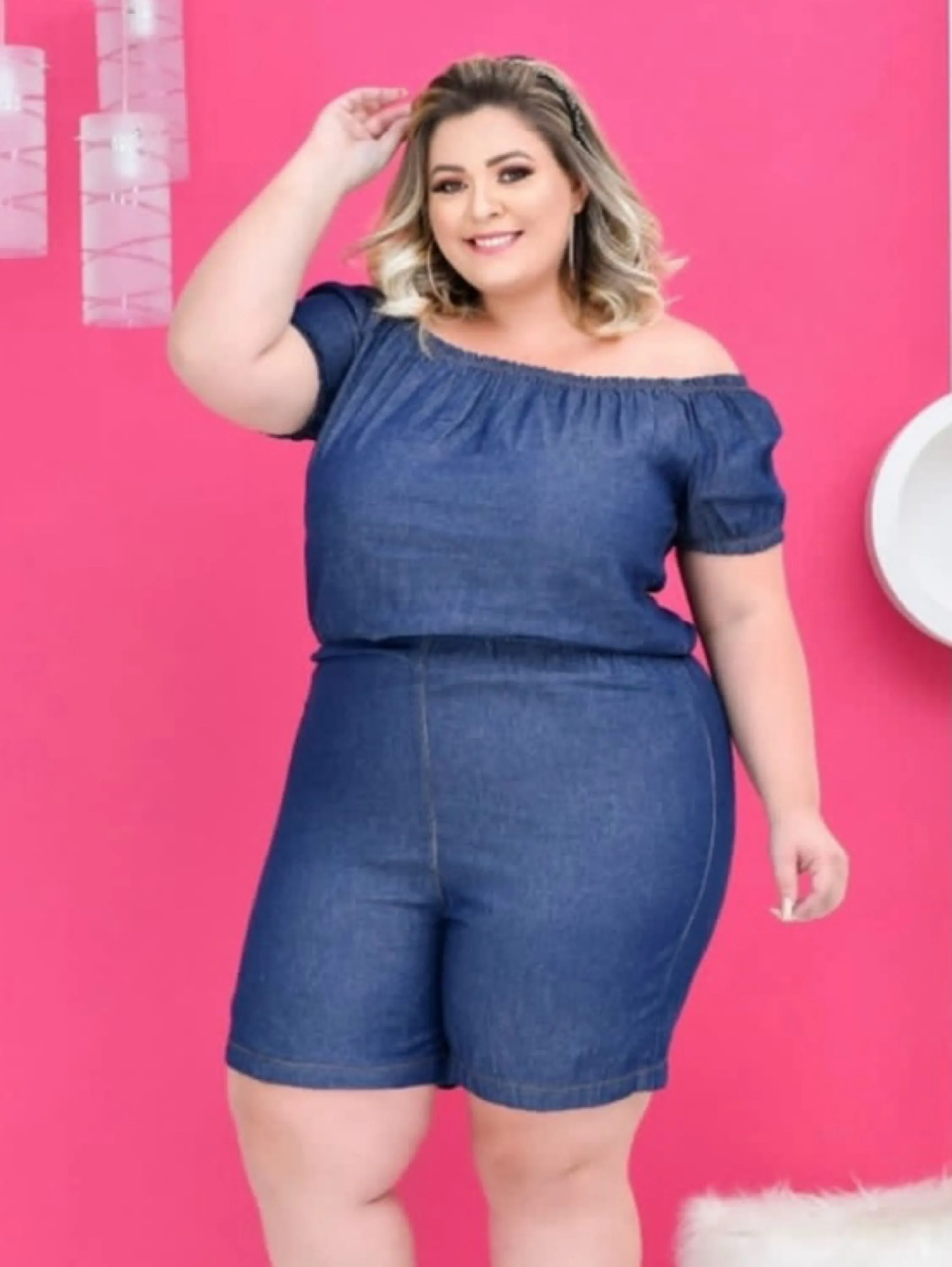 Macacão jeans feminino plus size social fashion