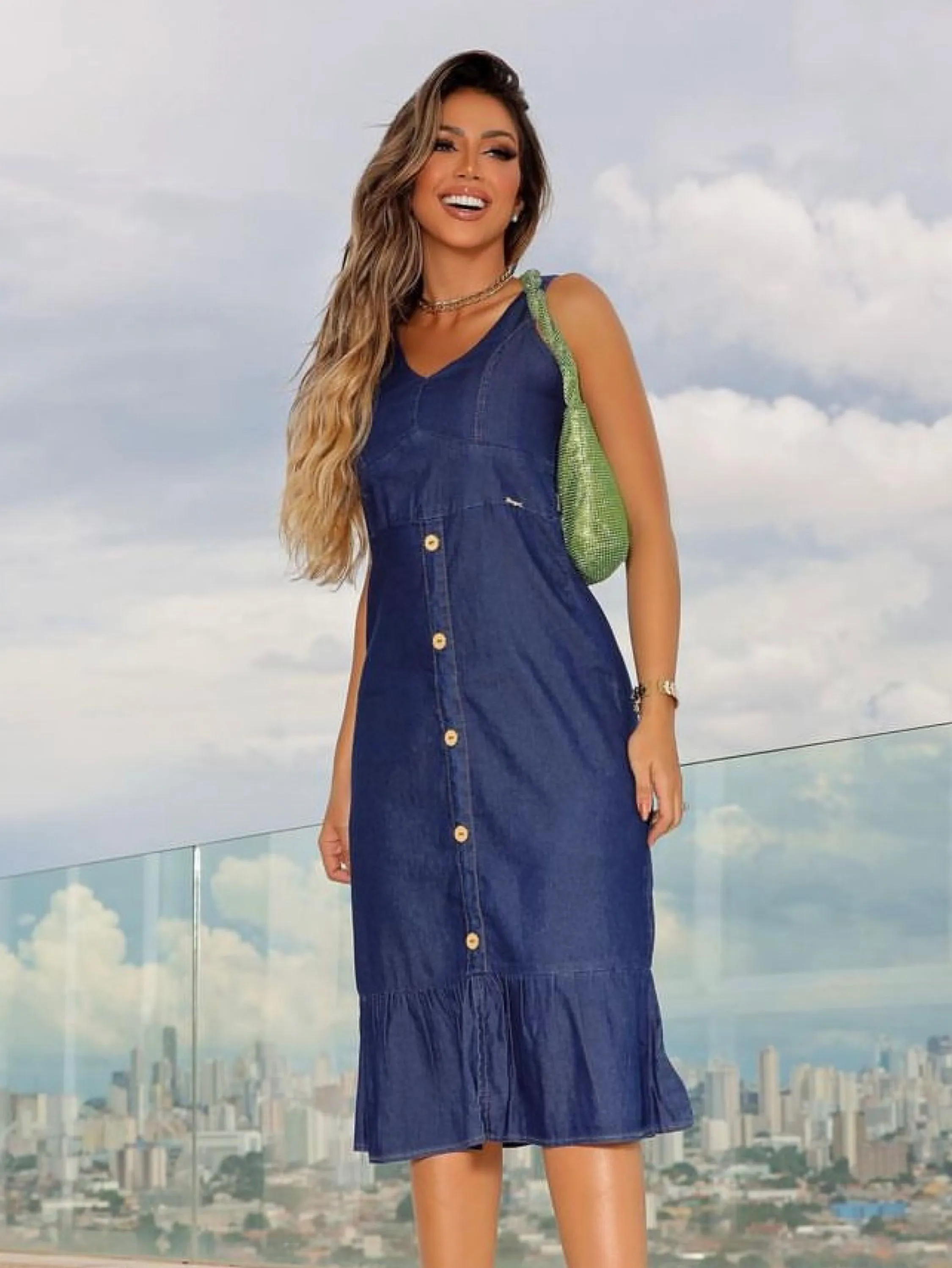 Vestido feminino jeans moda evangélica social para festas luxo