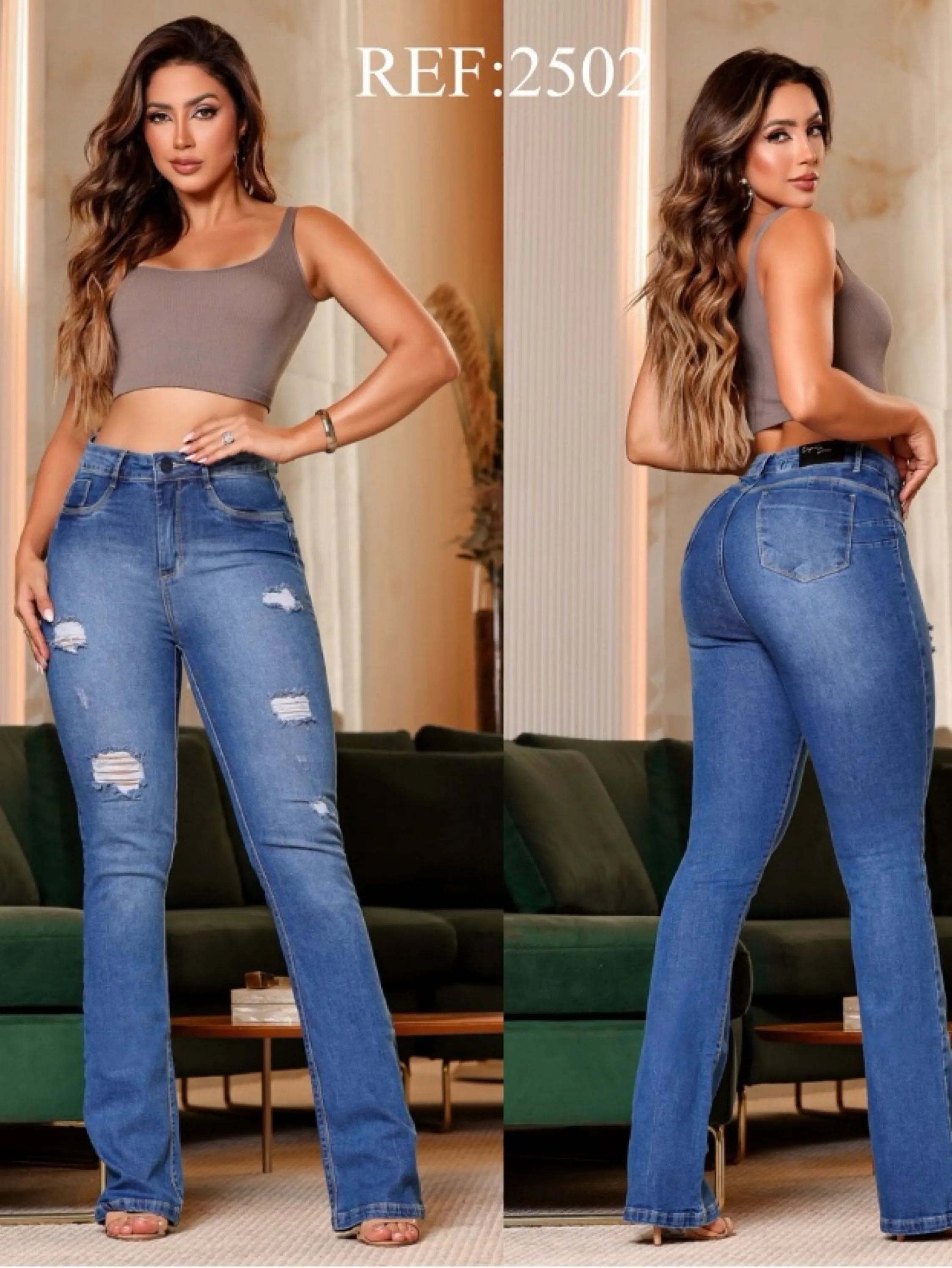 Calça jeans feminina modelo flaire cintura alta fashion premium