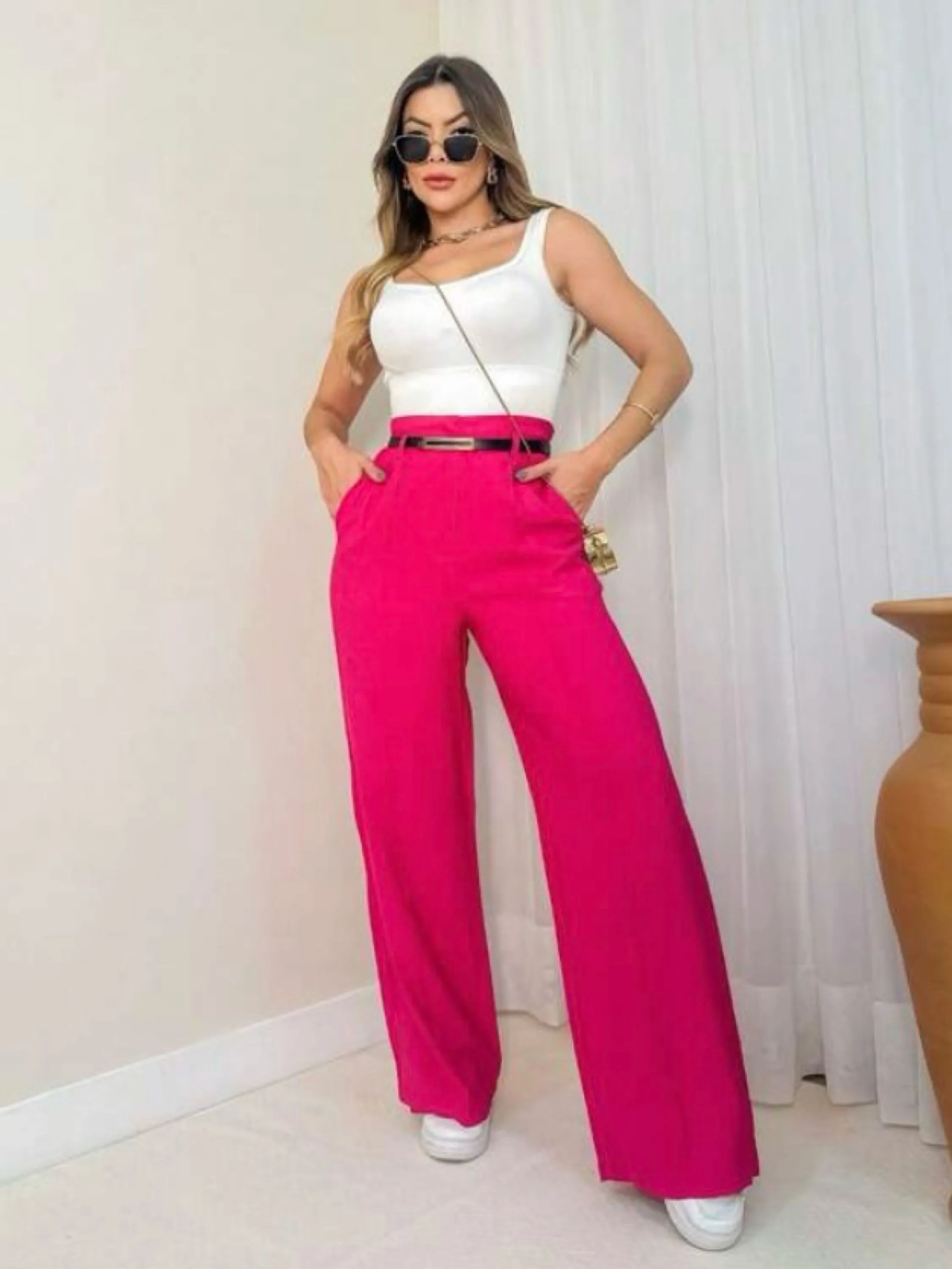 Calça feminina pantalona cintura alta com cinto modinha fashion