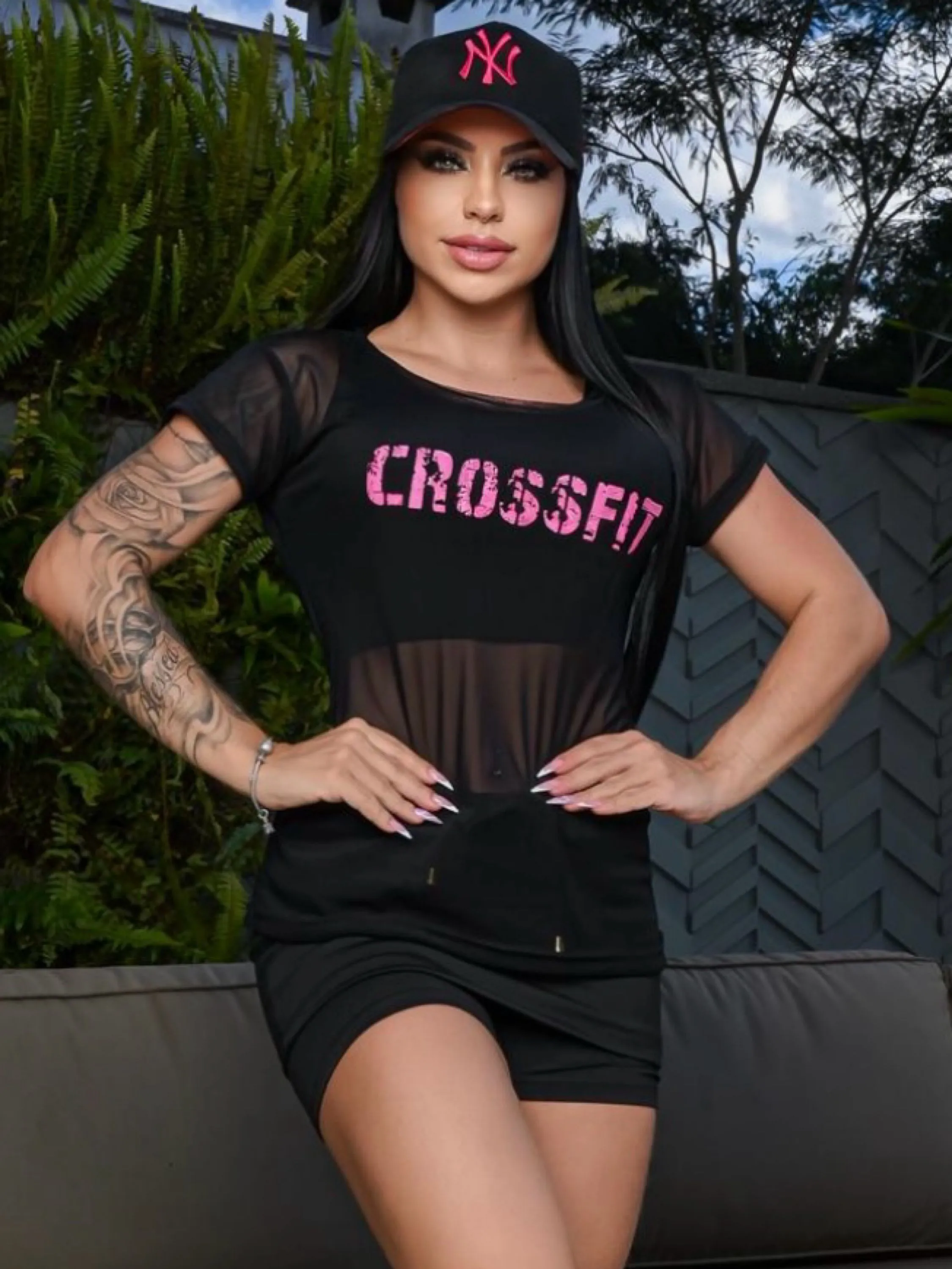 Blusa fitness manga curta de tule moda academia premium