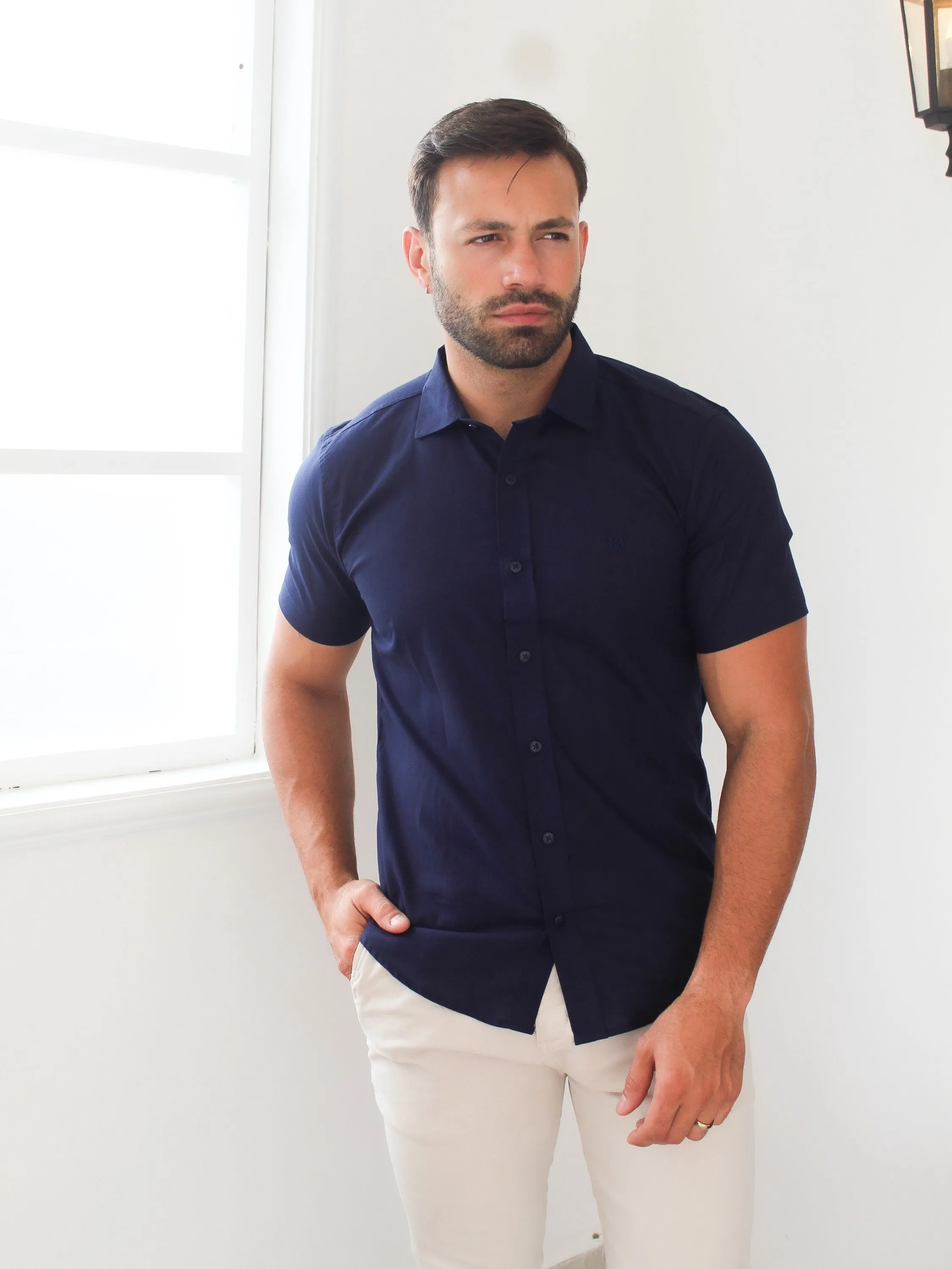 CAMISA SLIM MANGA CURTA LINHO  FLAMÊ