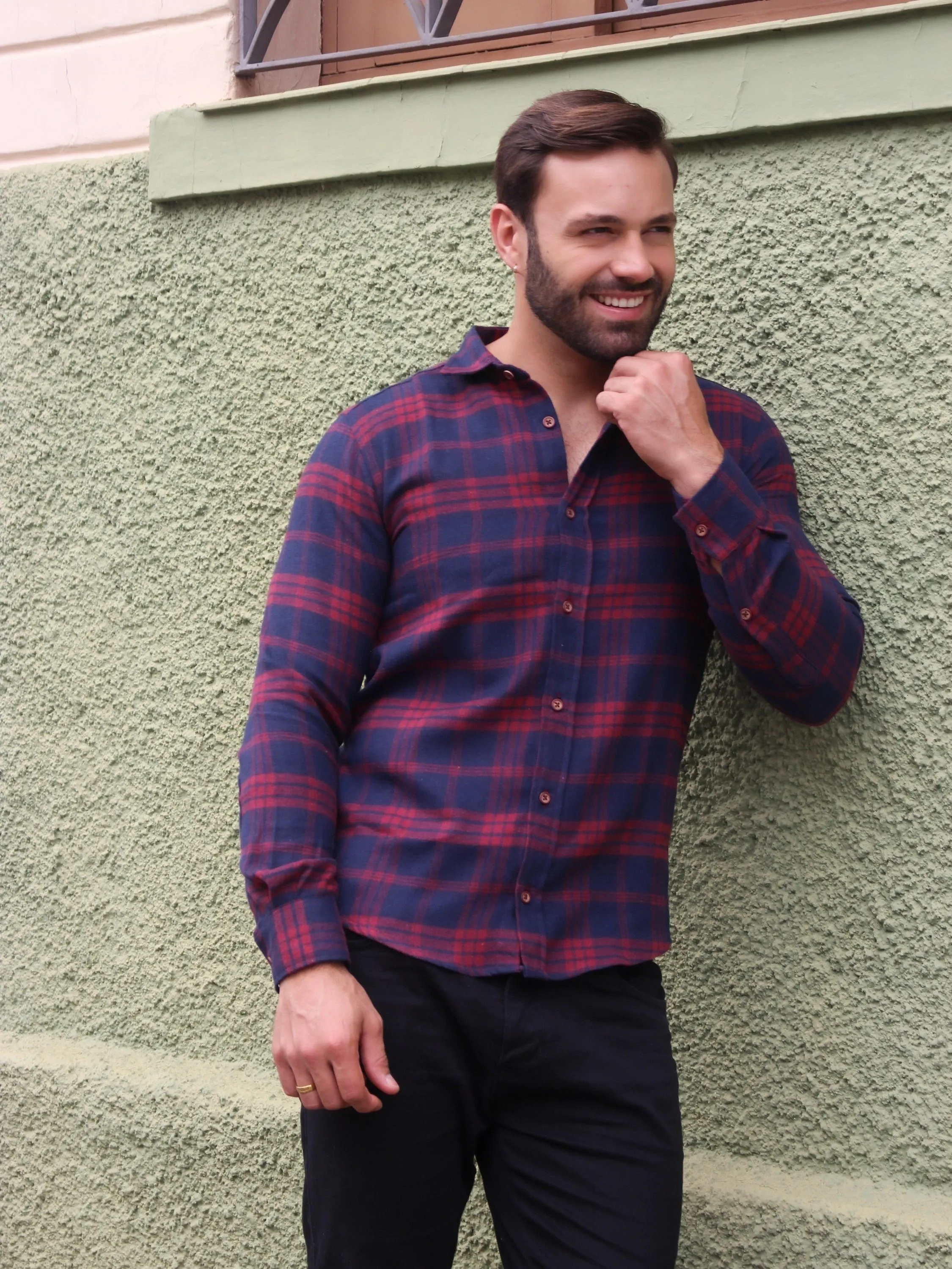 Camisa xadrex  flanelada manga longa  com bolso slim