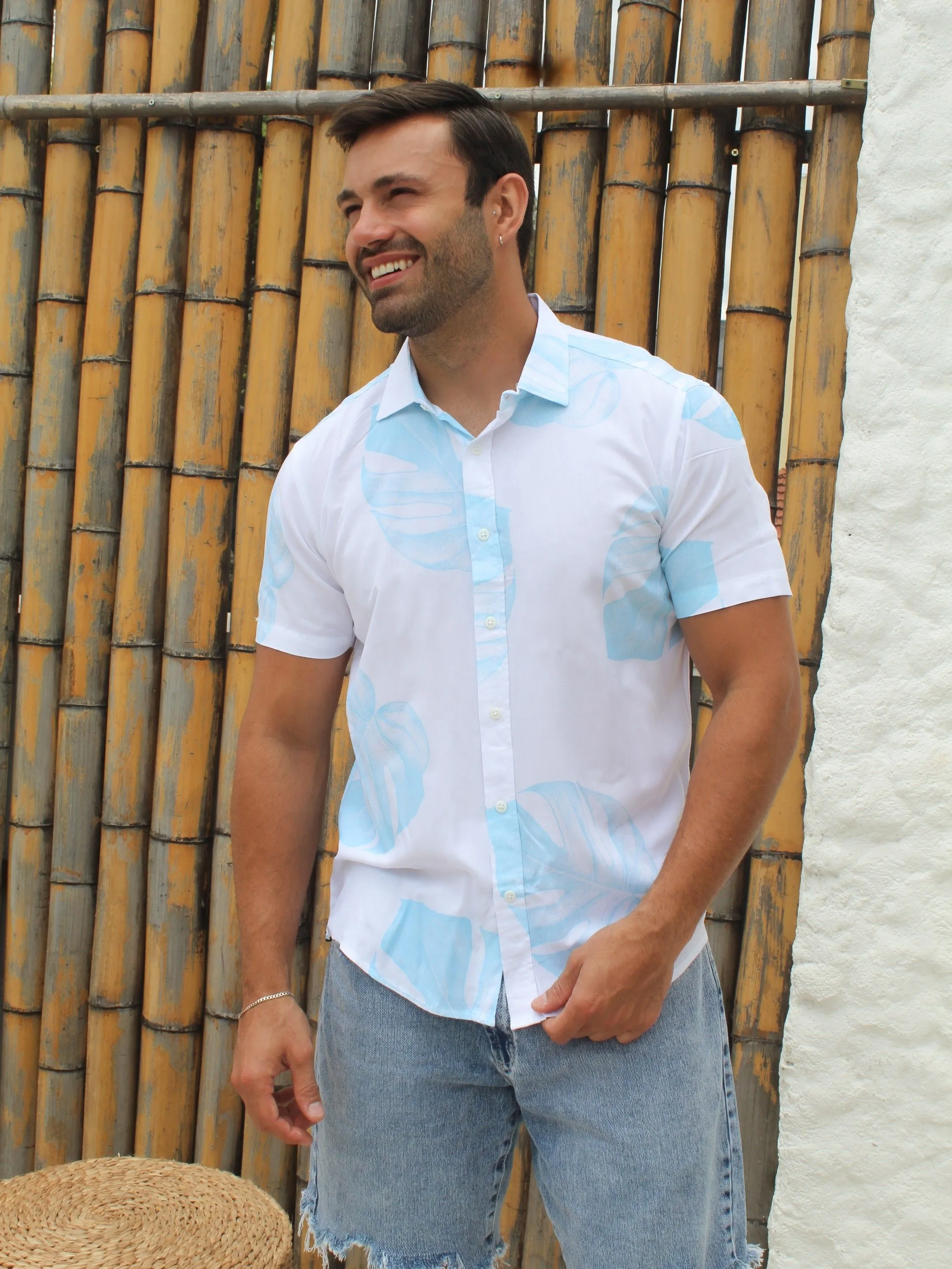CAMISA SLIM VISCOSE ESTAMPADA COSTELA DE ADÃO AZUL