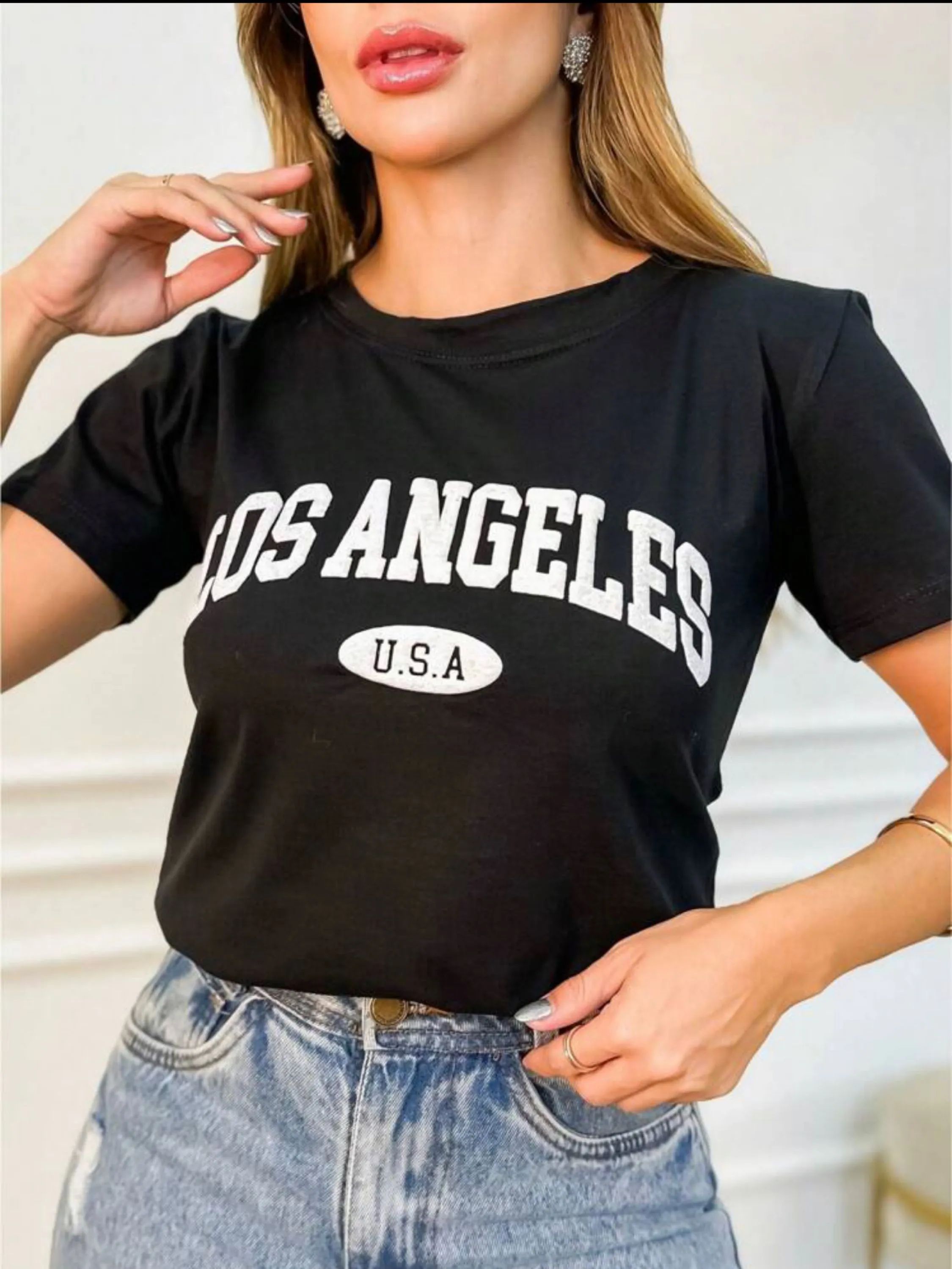 T shirt de blusa algodão los angeles  alto relevo feminina de manga curta