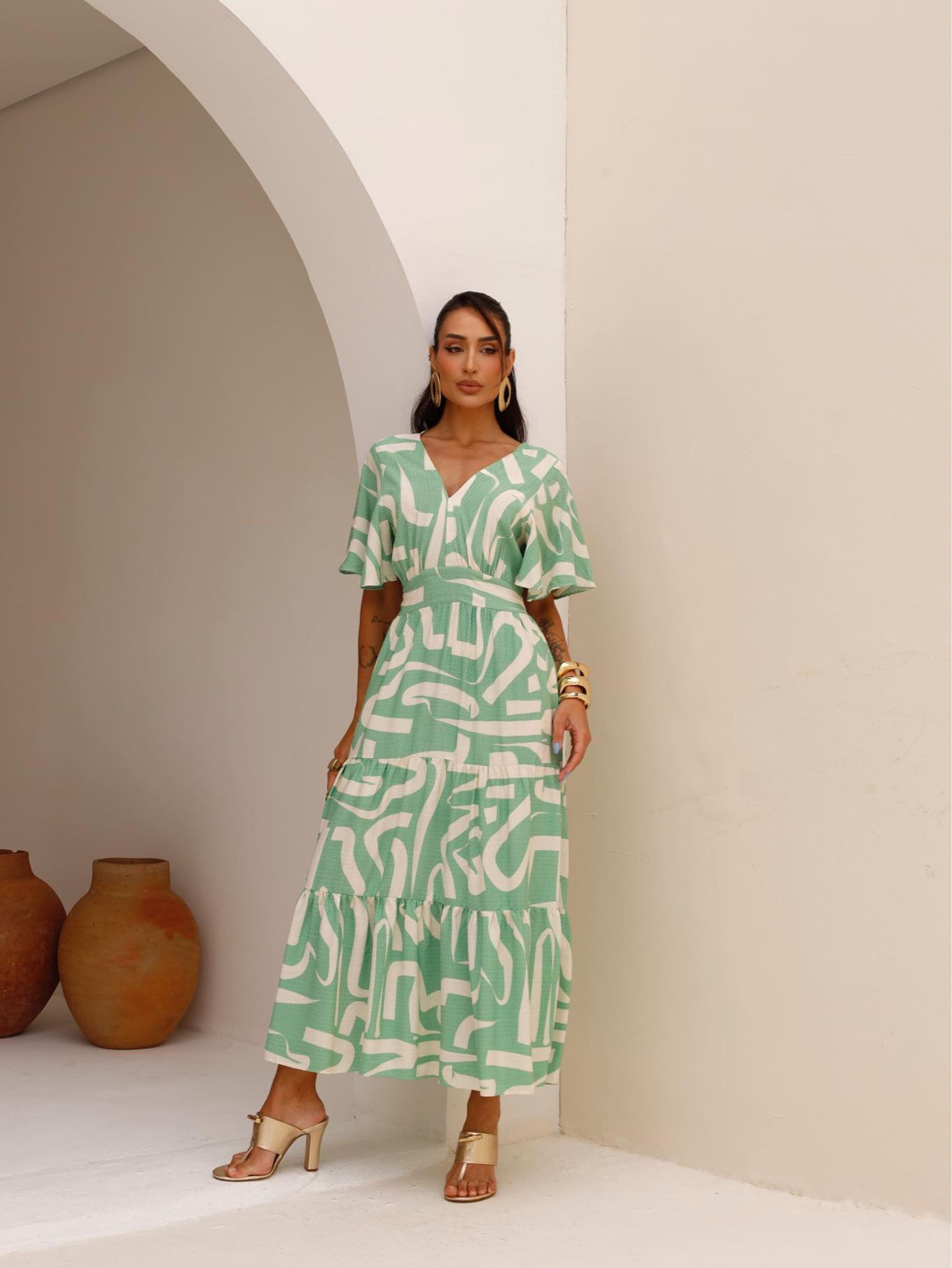 Vestido estampado feminino longo forrado✨