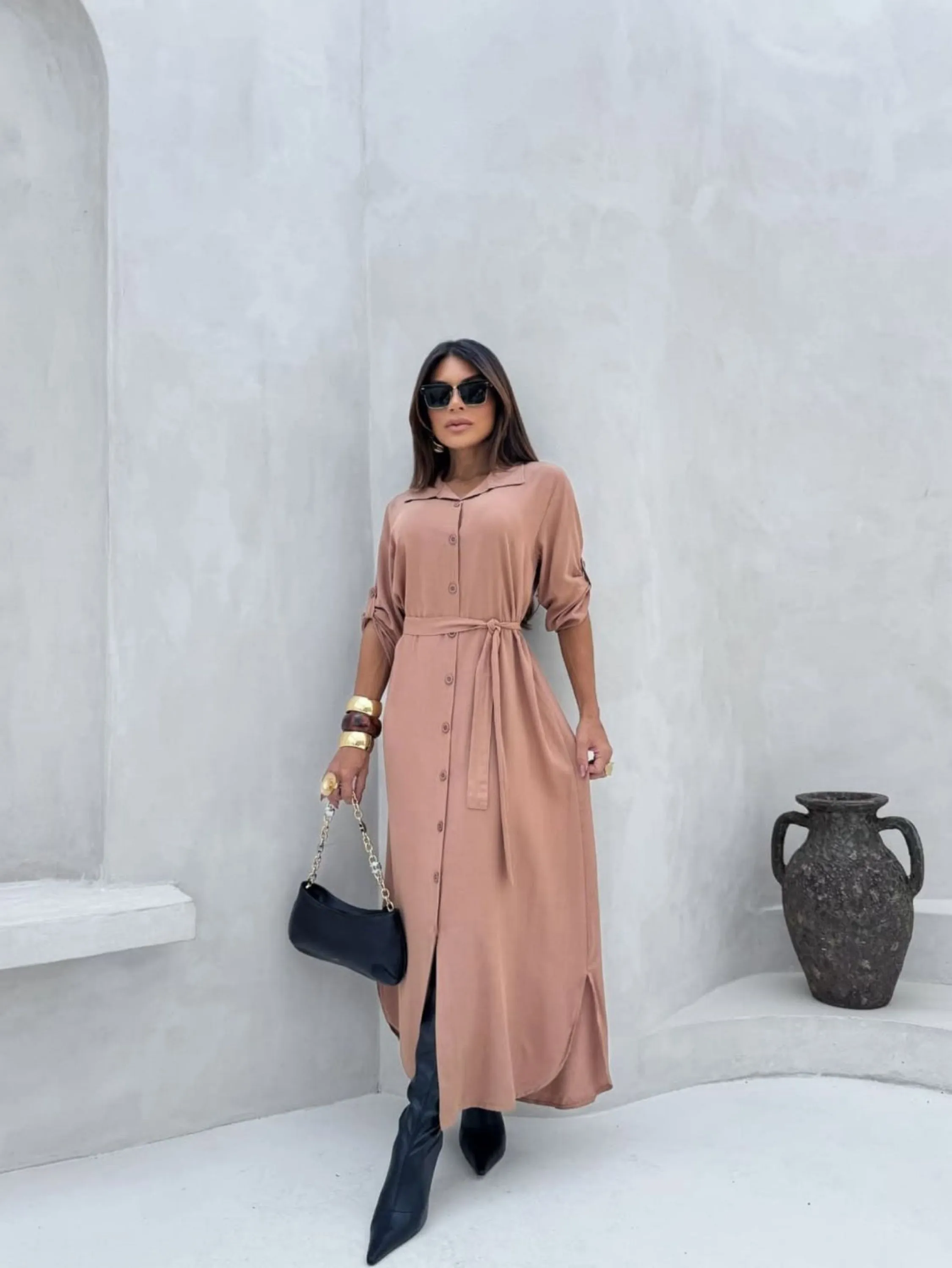 Vestido Longo Chemise  manga 3/4 elegante e Modesto