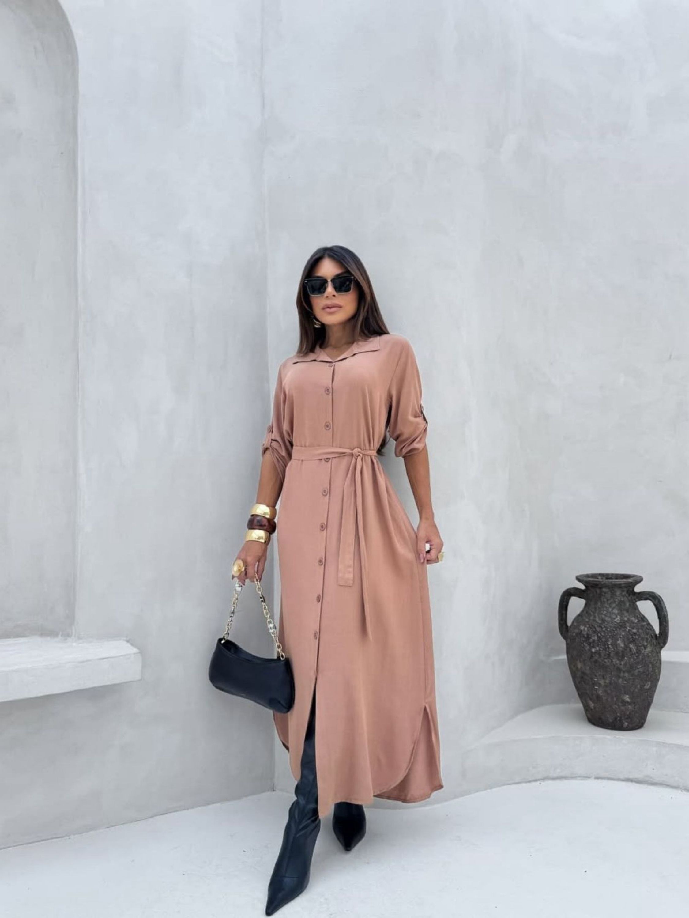 Vestido Longo Chemise manga 3/4 elegante e Modesto