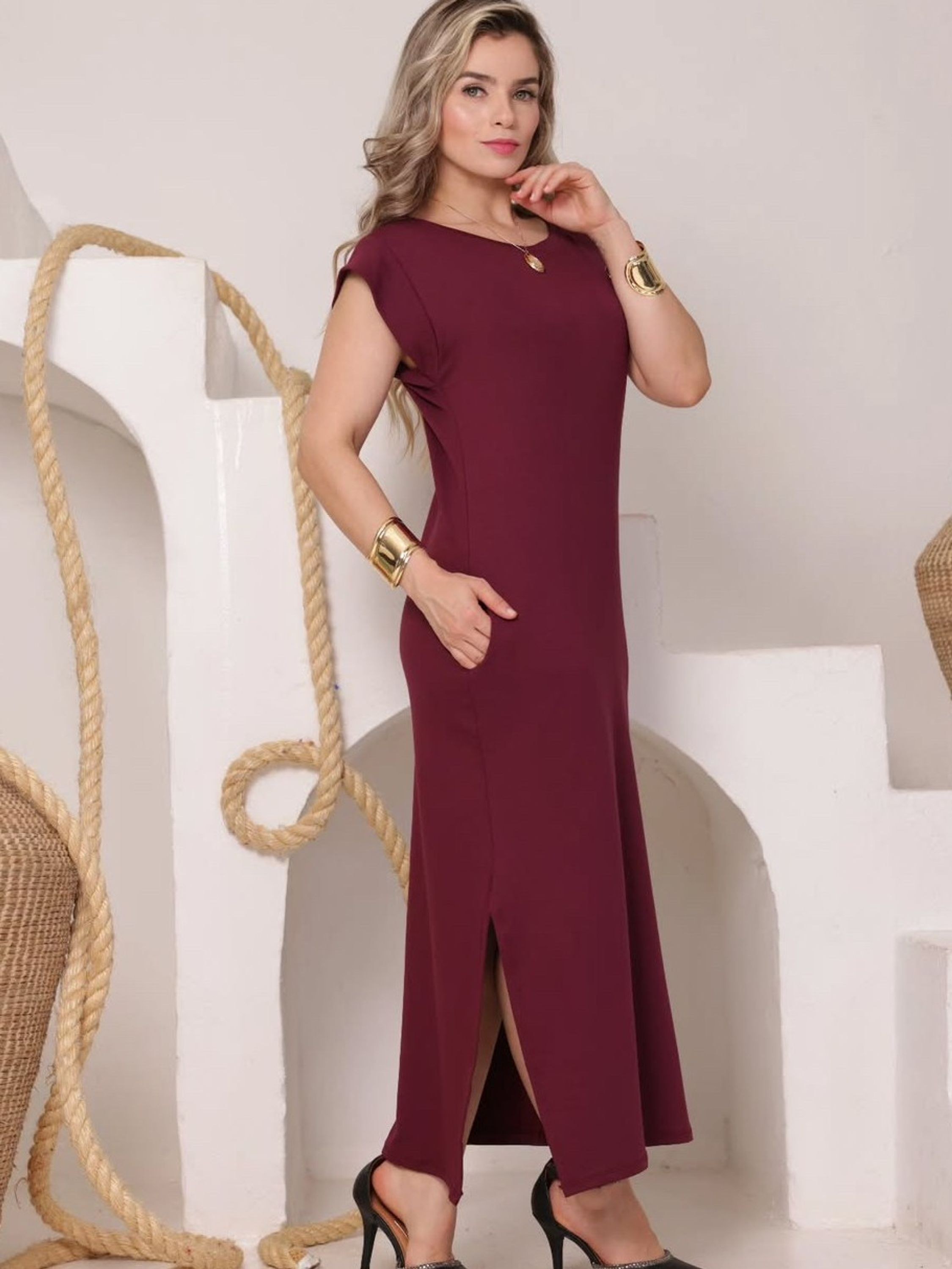 Vestido longo feminino tejido molethino confortável
