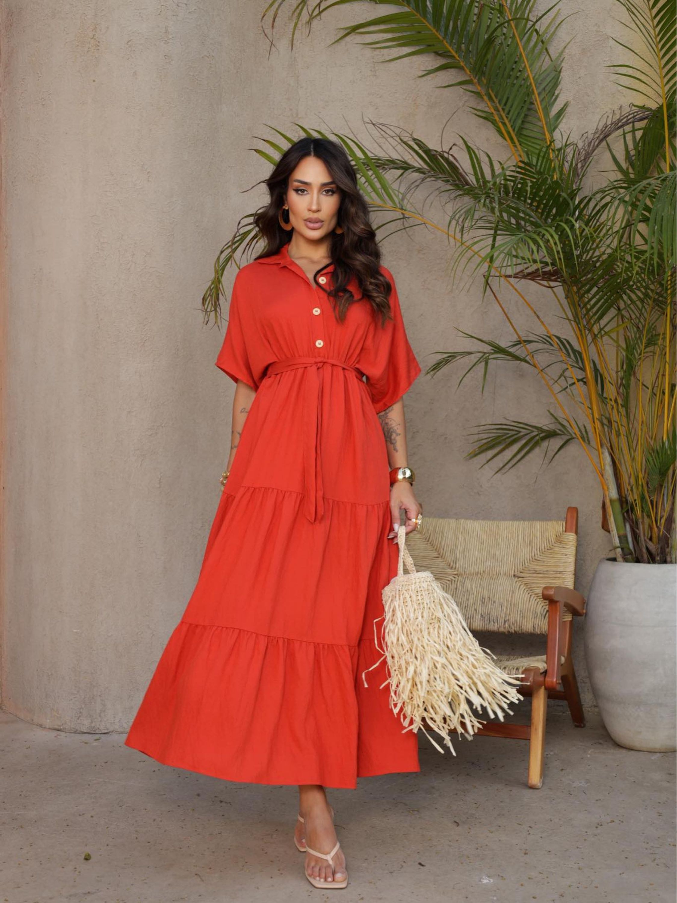 Vestido longo manga 3/4 com laço